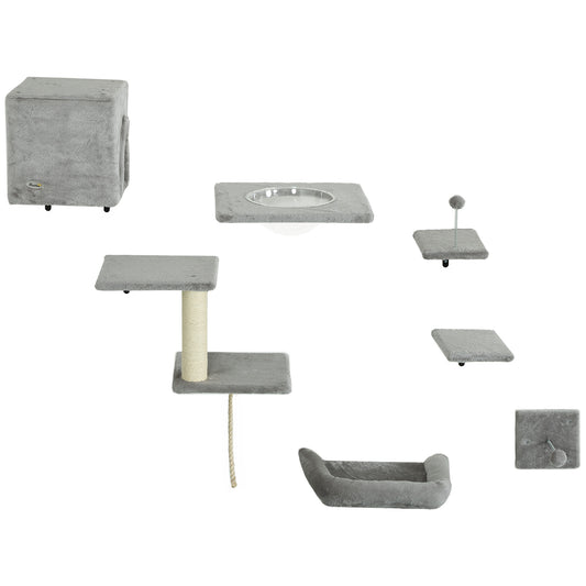 Cat Wall Shelves, 7PCs Cat Shelves with Perches, House, Sisal Post Ladder, Bed & Ball, Ceiling Wall Mounted Cat Climber, Grey