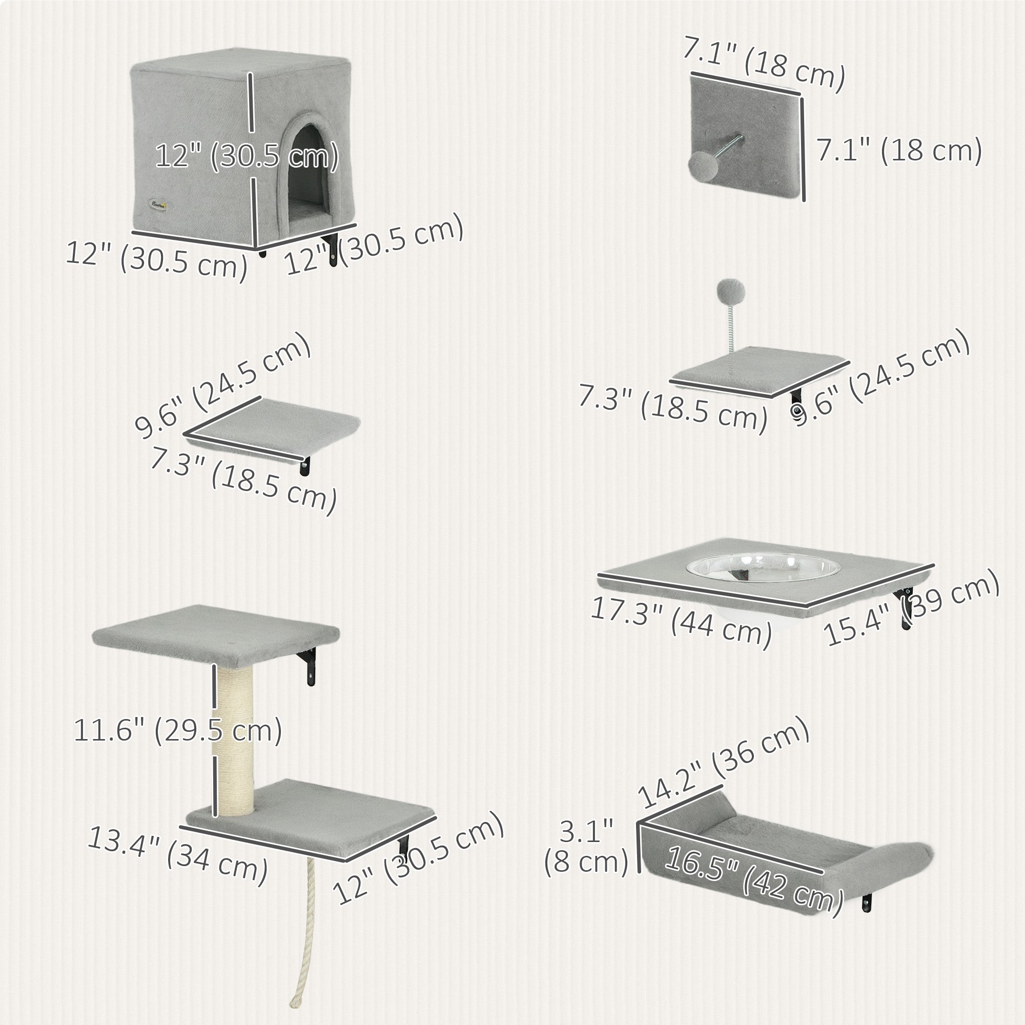 Cat Wall Shelves, 7PCs Cat Shelves with Perches, House, Sisal Post Ladder, Bed & Ball, Ceiling Wall Mounted Cat Climber, Grey