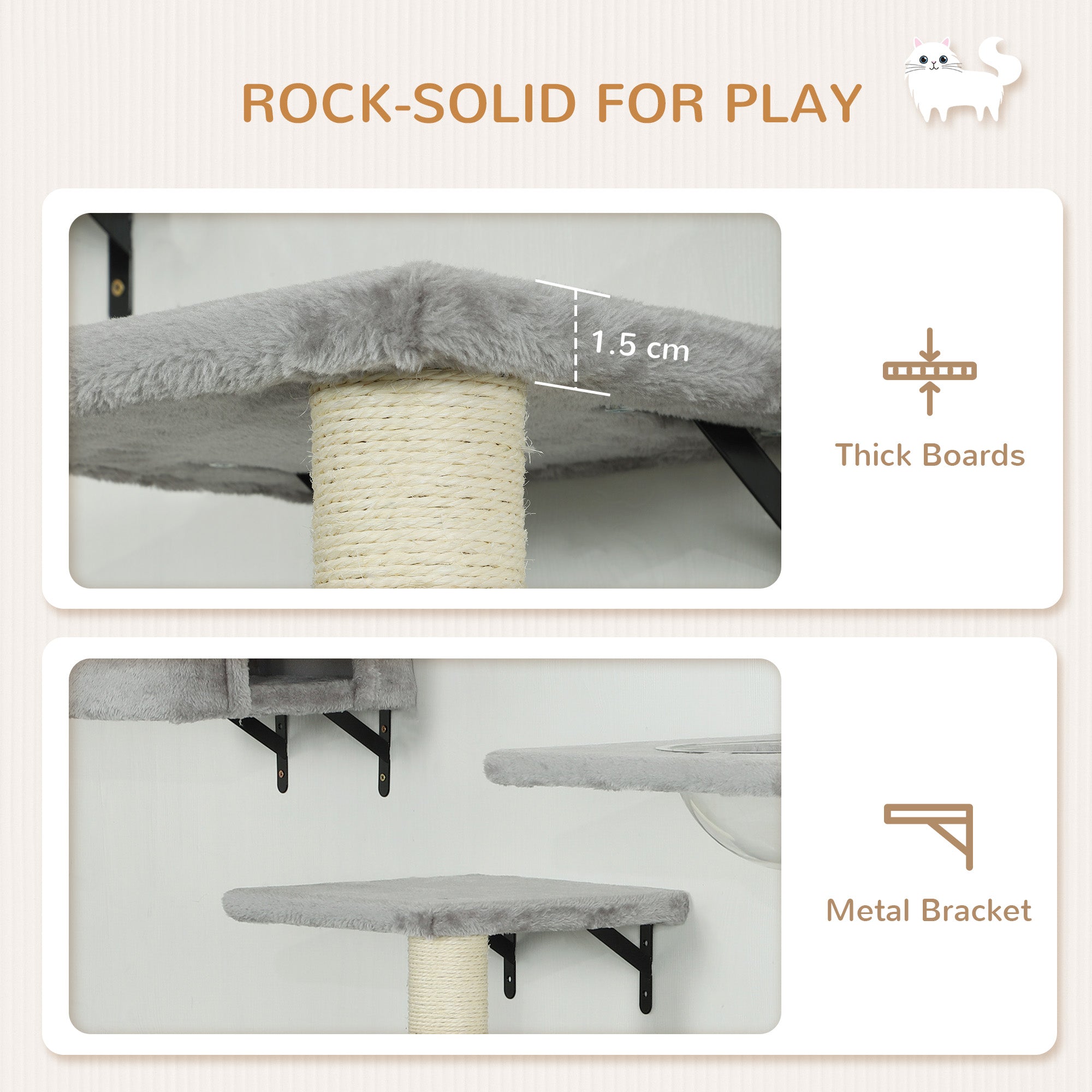 Cat Wall Shelves, 7PCs Cat Shelves with Perches, House, Sisal Post Ladder, Bed & Ball, Ceiling Wall Mounted Cat Climber, Grey