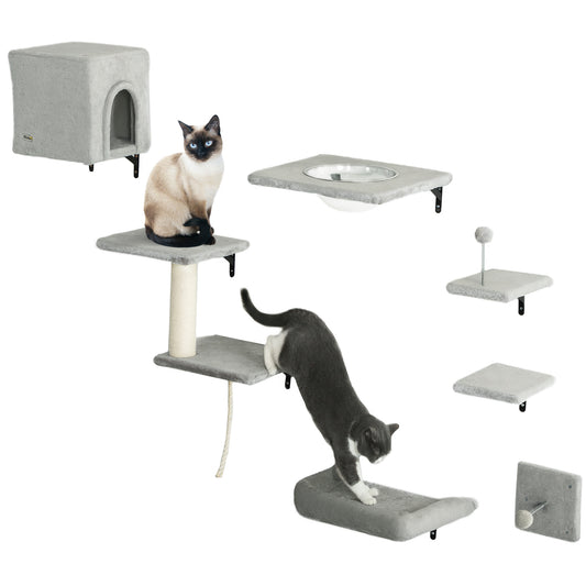 Cat Wall Shelves, 7PCs Cat Shelves with Perches, House, Sisal Post Ladder, Bed & Ball, Ceiling Wall Mounted Cat Climber, Grey