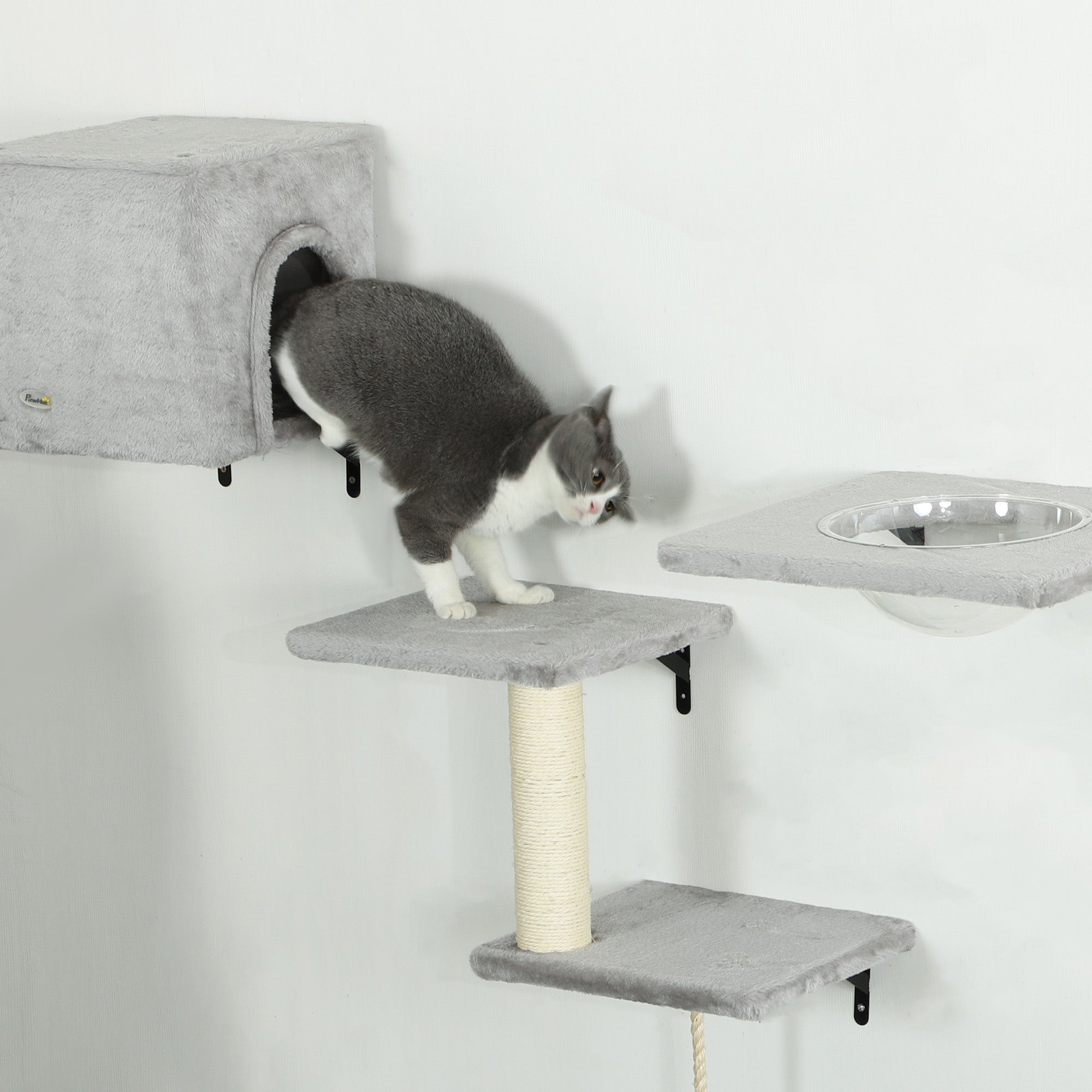 Cat Wall Shelves, 7PCs Cat Shelves with Perches, House, Sisal Post Ladder, Bed & Ball, Ceiling Wall Mounted Cat Climber, Grey