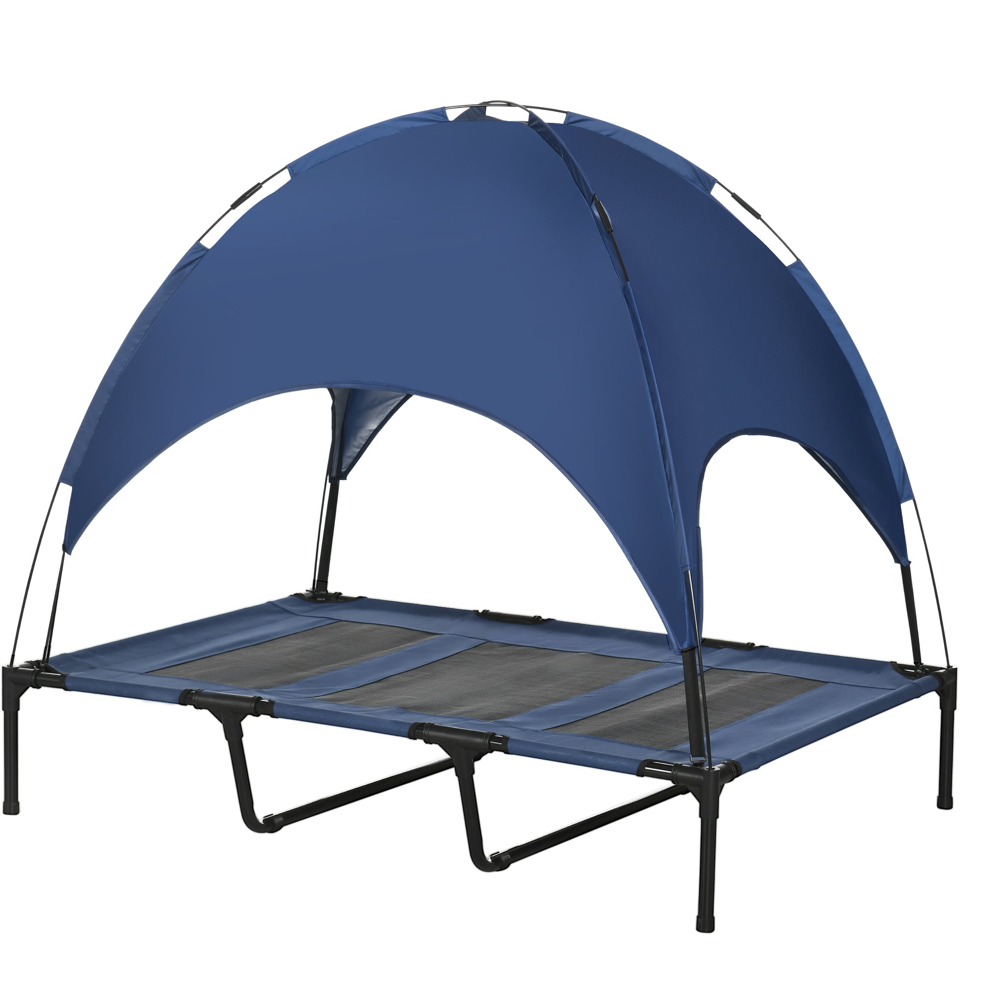 Elevated Dog Bed with Canopy, Portable Raised Dog Cot for XL Sized Dogs, Indoor & Outdoor, 48" x 36" x 43", Dark Blue