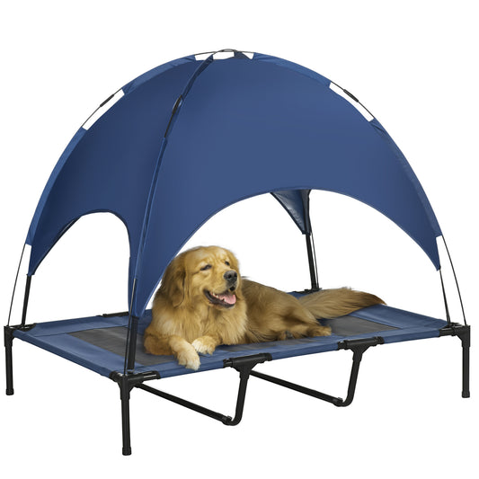 Elevated Dog Bed with Canopy, Portable Raised Dog Cot for XL Sized Dogs, Indoor & Outdoor, 48" x 36" x 43", Dark Blue