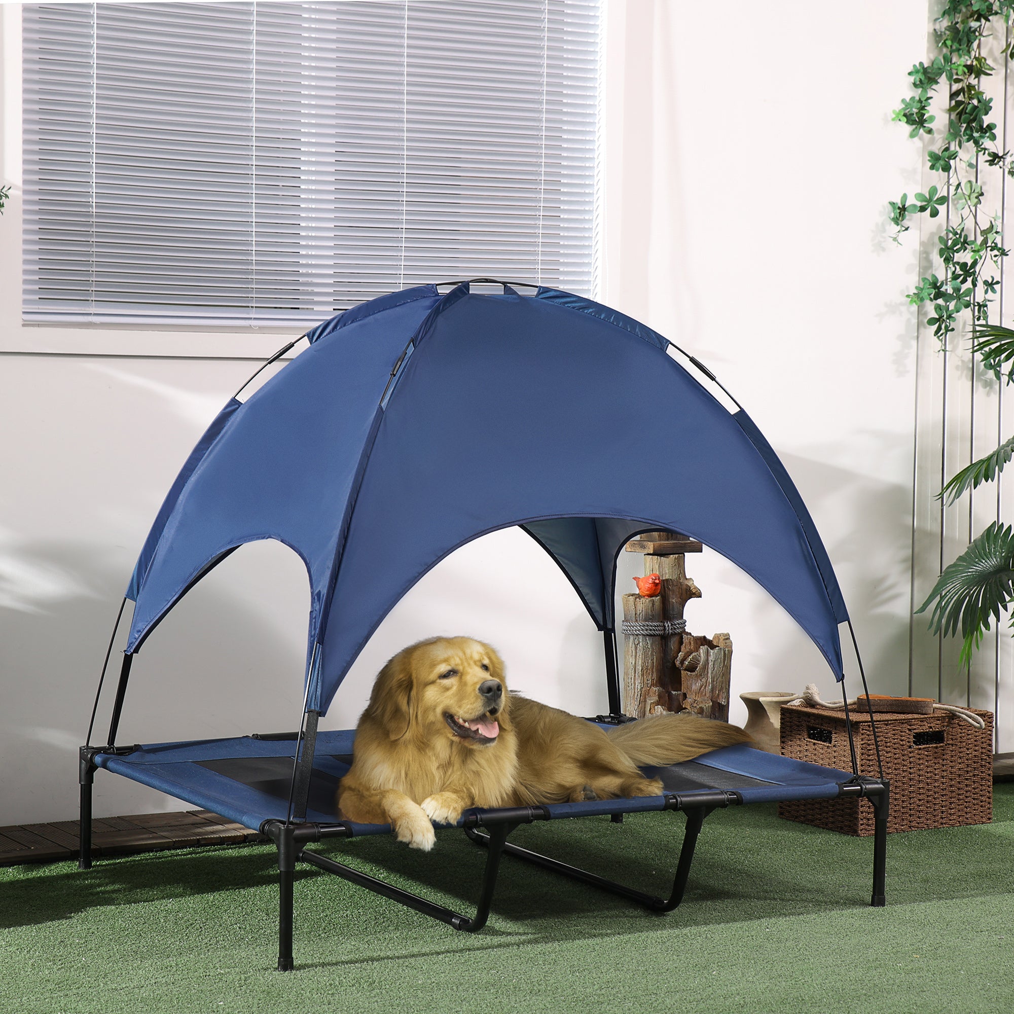 Raised Dog Bed Waterproof Elevated Pet Cot with Breathable Mesh UV Protection Canopy Blue, for XL Dogs, 122 x 92 x 108cm