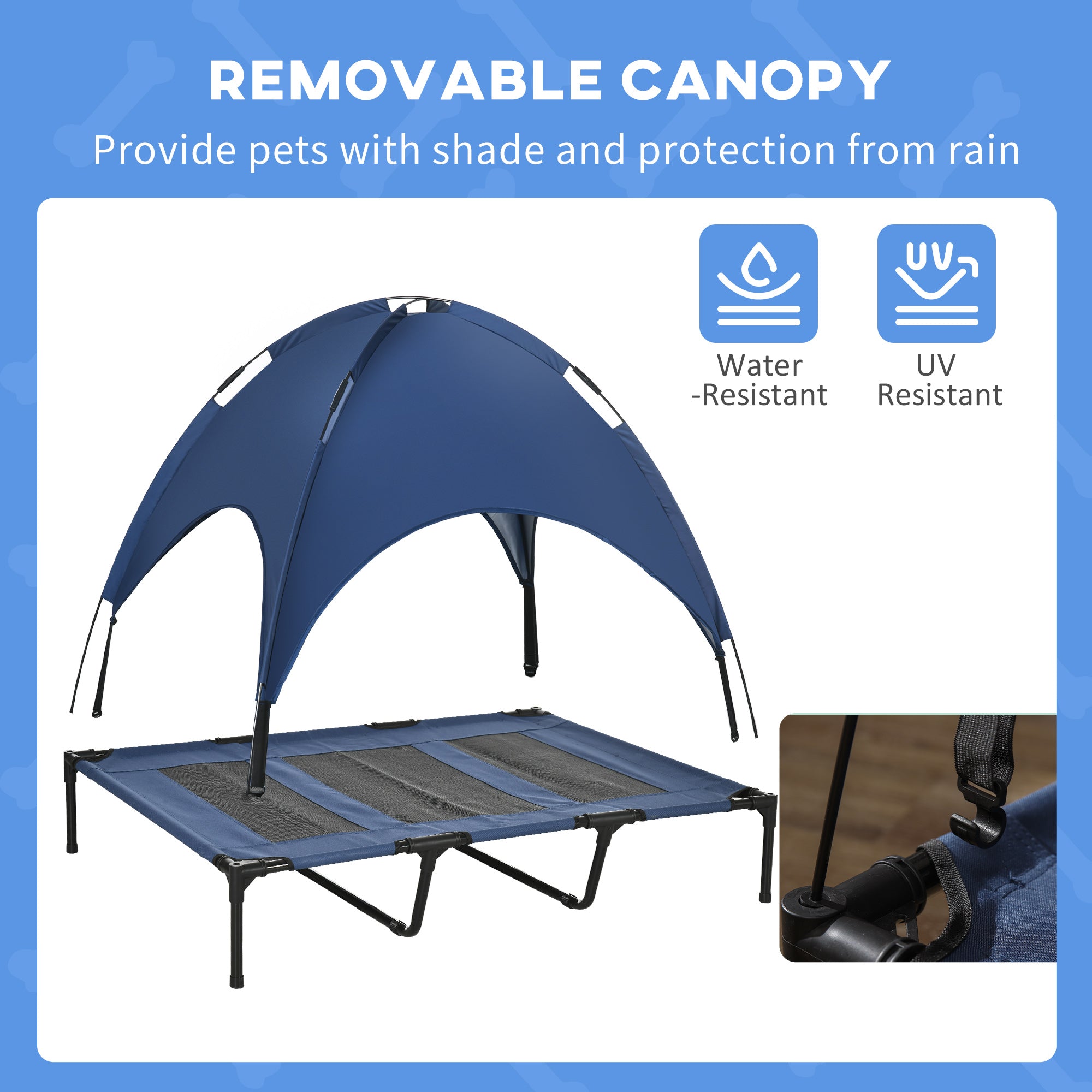 Elevated Dog Bed with Canopy, Portable Raised Dog Cot for XL Sized Dogs, Indoor & Outdoor, 48" x 36" x 43", Dark Blue