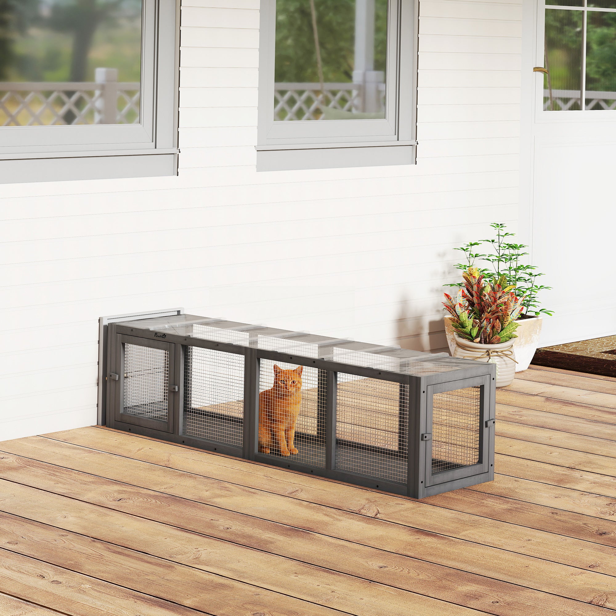 Outdoor Cat Tunnel, 60" Wooden Play Cat Enclosure, Extendable Pet Run with 3 Doors, for Indoor and Outdoor Use, for Kitty, Puppy, Grey