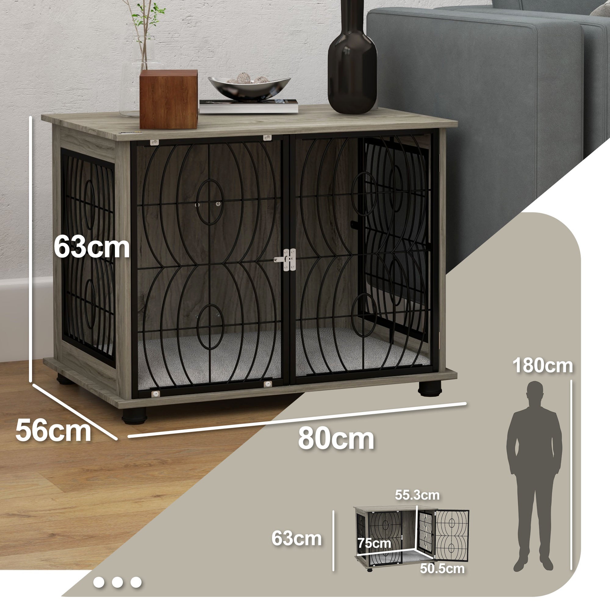 Dog Crate Furniture, Dog Cage End Table with Large Top, Soft Washable Cushion, Lockable Front Door, Wire Mesh Ventilation, Indoor Pet Crate for Medium Sized, 80 x 56 x 63cm - Grey