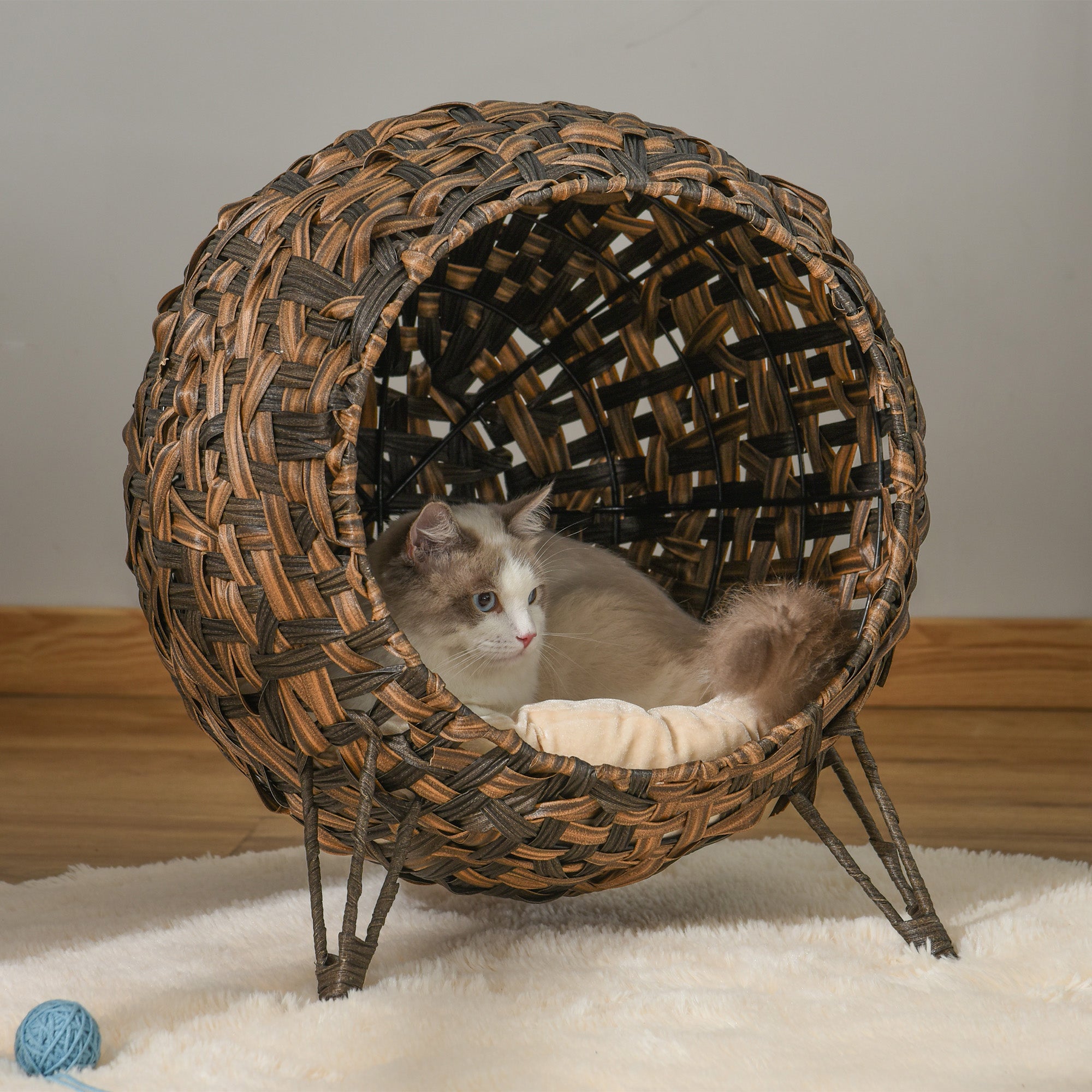PawHut 20.5" Weaved Cat Bed, Elevated Hand-woven Braided Banana Leaf Kitten House Condo with Cushion, Brown