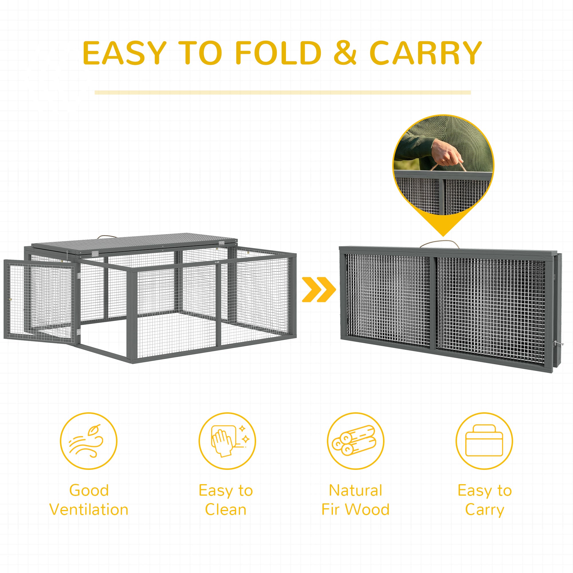 Rabbit Hutch, Folding Portable Wooden Bunny Cage with Openable Top, for 2-3 Rabbits, Small Animals, Guinea Pig Cage Small Chicken Coop for Outdoor, Garden - Gray