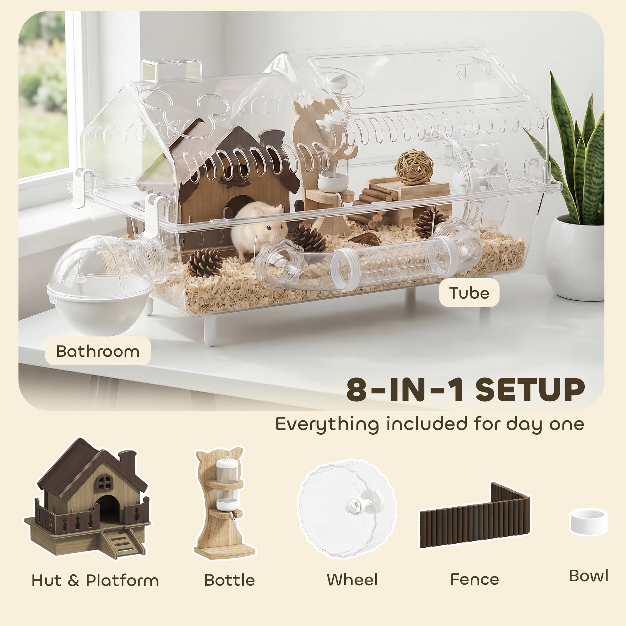 8 in 1 PET Hamster Cage, Dwarf Hamster Cage with Large Wheel & Hideout, Small Animal Habitat with Accessories, Clear Pet House, 21.5" x 11.8" x 12.6"