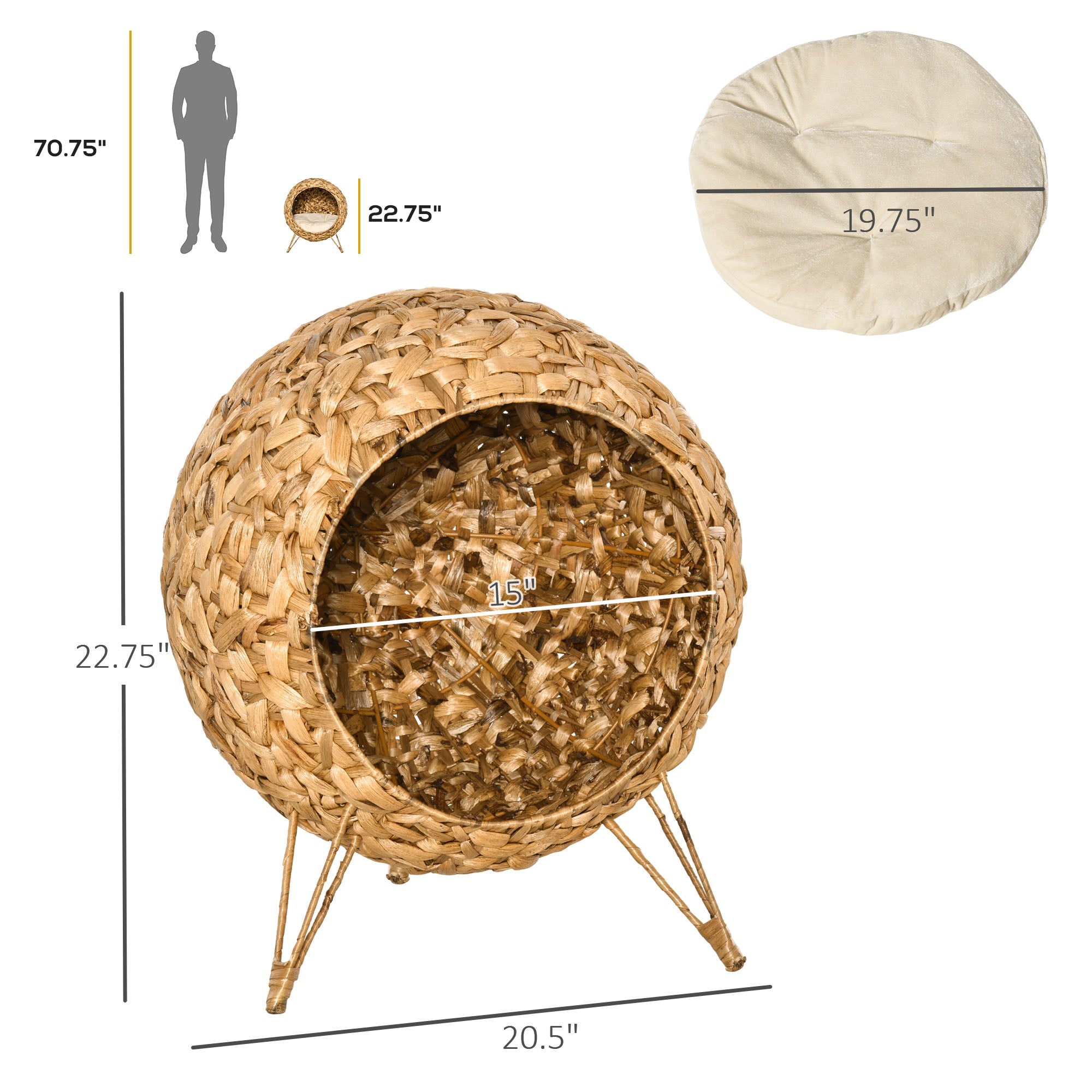 PawHut 20.5" Weaved Cat Bed, Elevated Hand-woven Braided Banana Leaf Kitten House Condo with Cushion, Natural