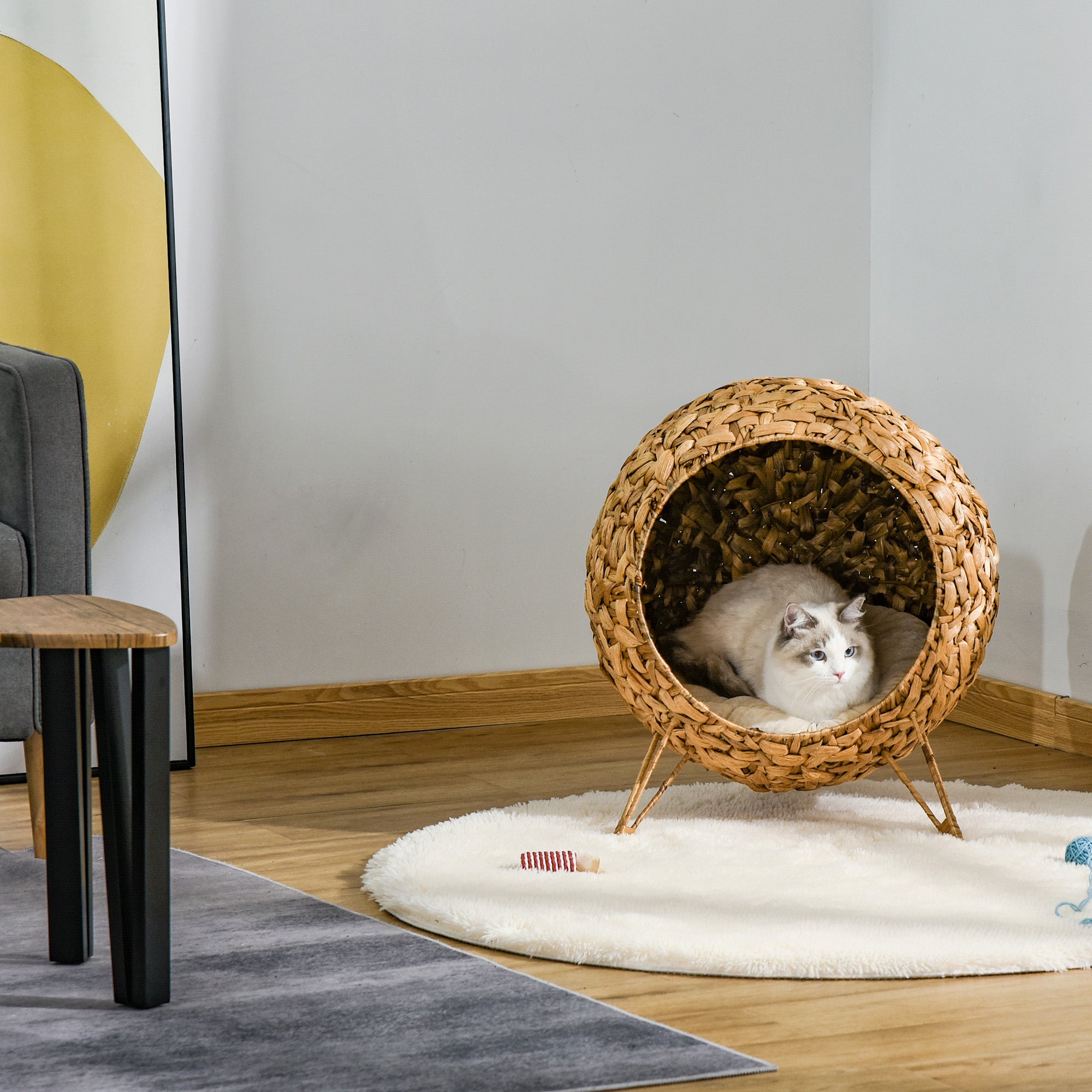 PawHut 20.5" Weaved Cat Bed, Elevated Hand-woven Braided Banana Leaf Kitten House Condo with Cushion, Natural