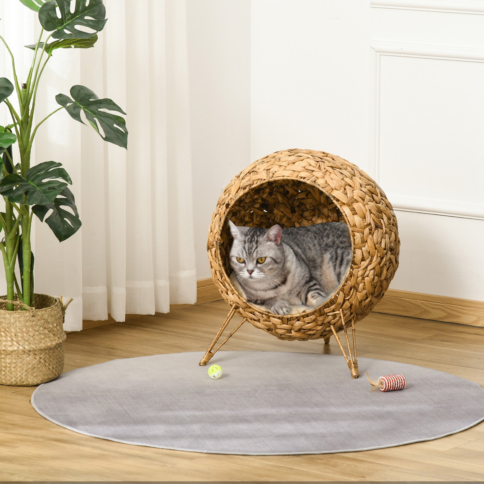 PawHut 20.5" Weaved Cat Bed, Elevated Hand-woven Braided Banana Leaf Kitten House Condo with Cushion, Natural