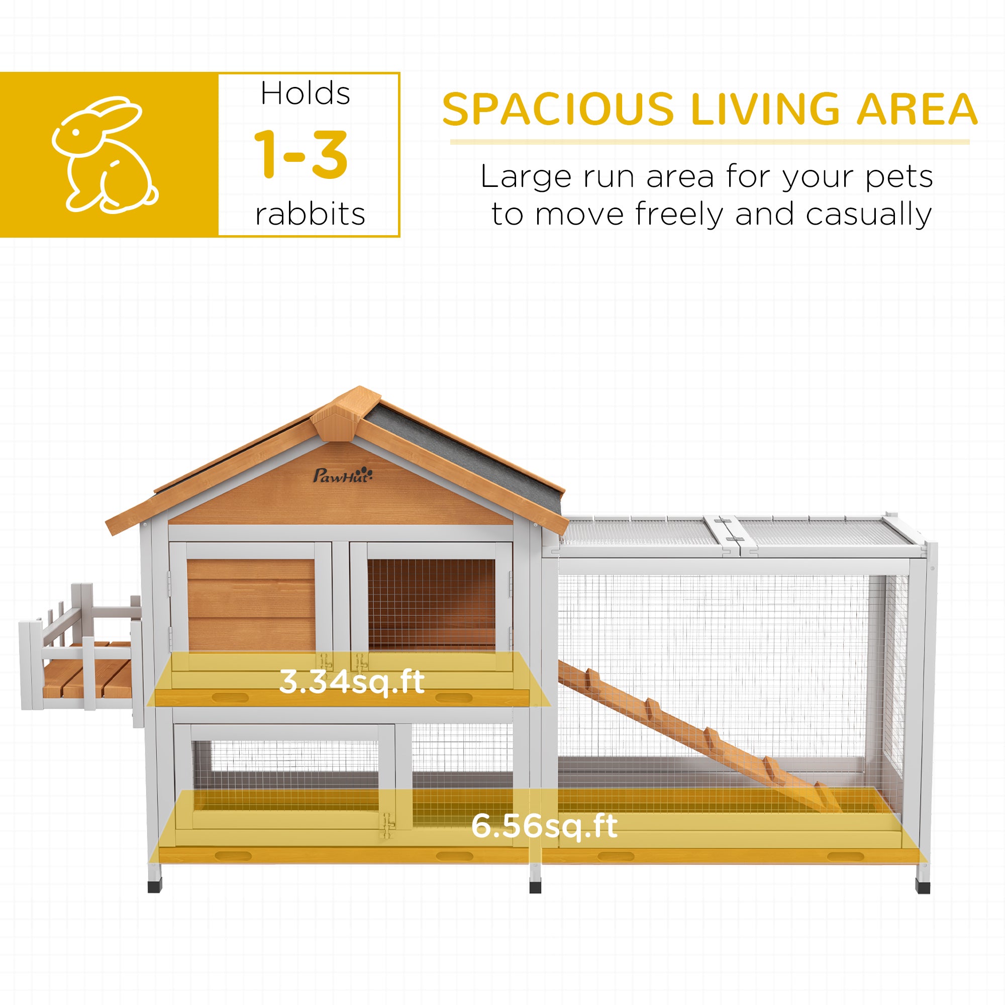 65" Wooden Rabbit Hutch, Pet Playpen with Openable Roof, Bunny House Enclosure with Storage Box, Slide-out Tray, Ramp, for Rabbits and Small Animals, Yellow