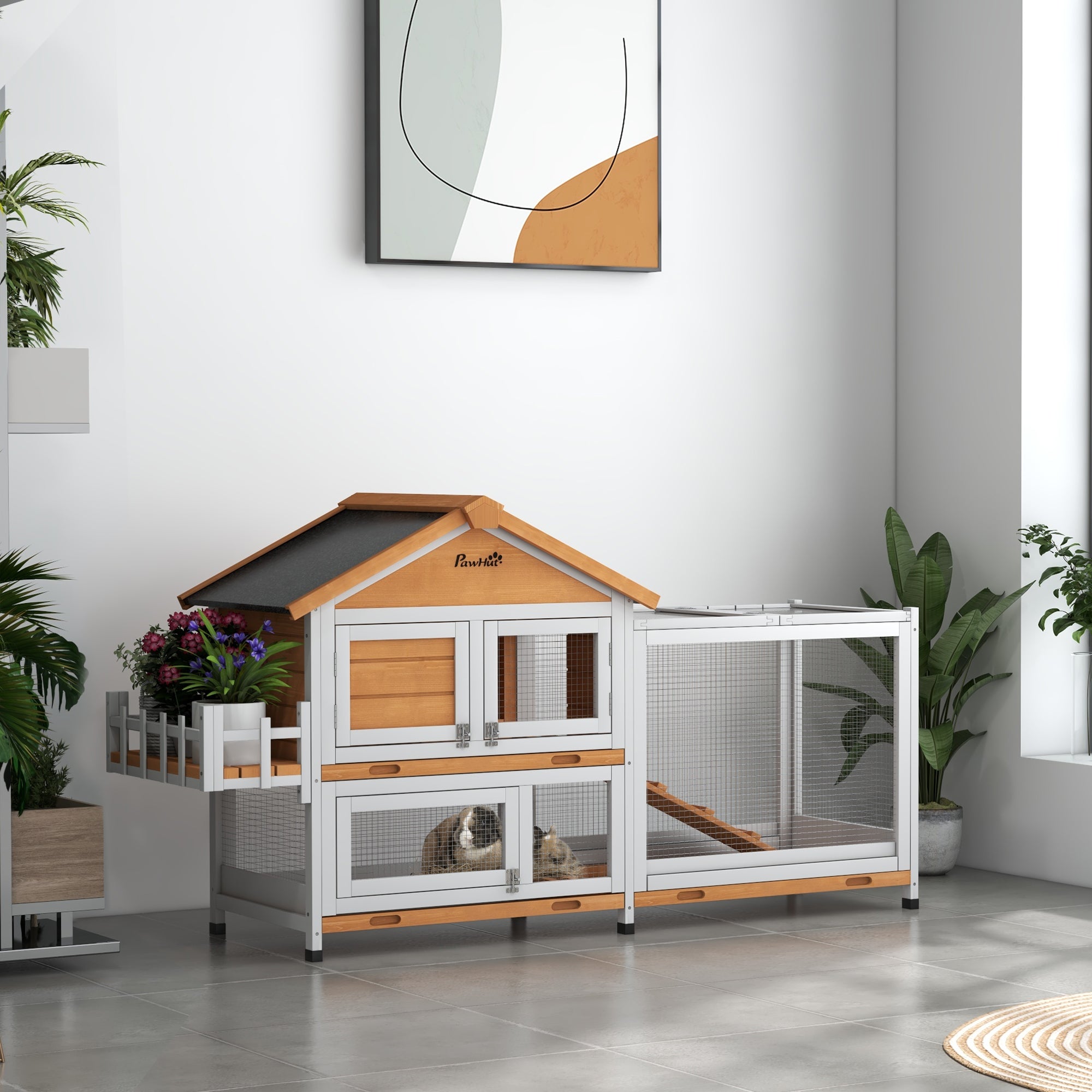 65" Wooden Rabbit Hutch, Pet Playpen with Openable Roof, Bunny House Enclosure with Storage Box, Slide-out Tray, Ramp, for Rabbits and Small Animals, Yellow