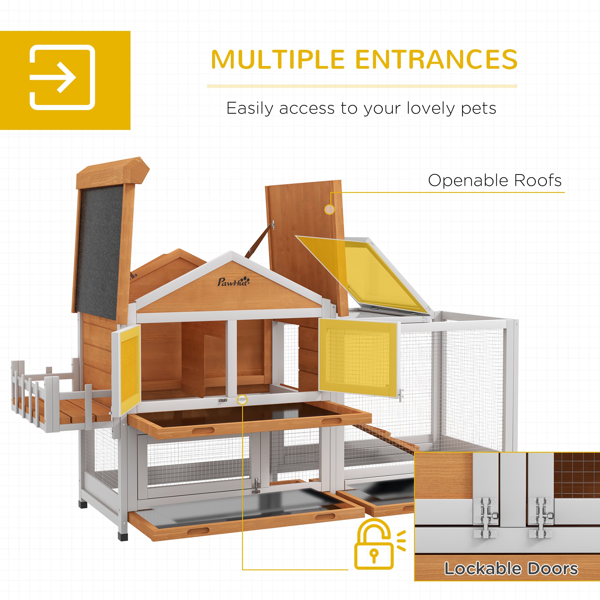 65" Wooden Rabbit Hutch, Pet Playpen with Openable Roof, Bunny House Enclosure with Storage Box, Slide-out Tray, Ramp, for Rabbits and Small Animals, Yellow