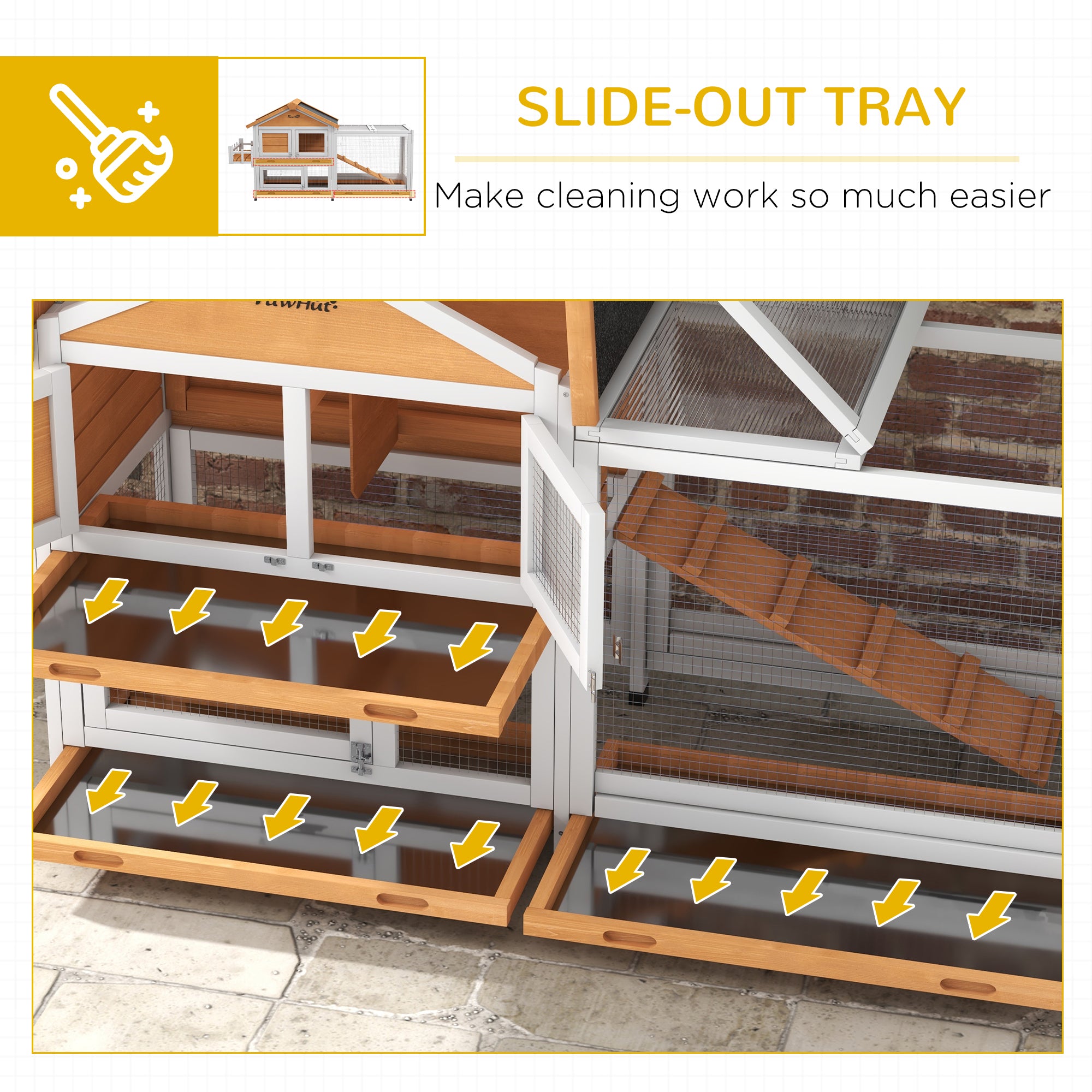 65" Wooden Rabbit Hutch, Pet Playpen with Openable Roof, Bunny House Enclosure with Storage Box, Slide-out Tray, Ramp, for Rabbits and Small Animals, Yellow