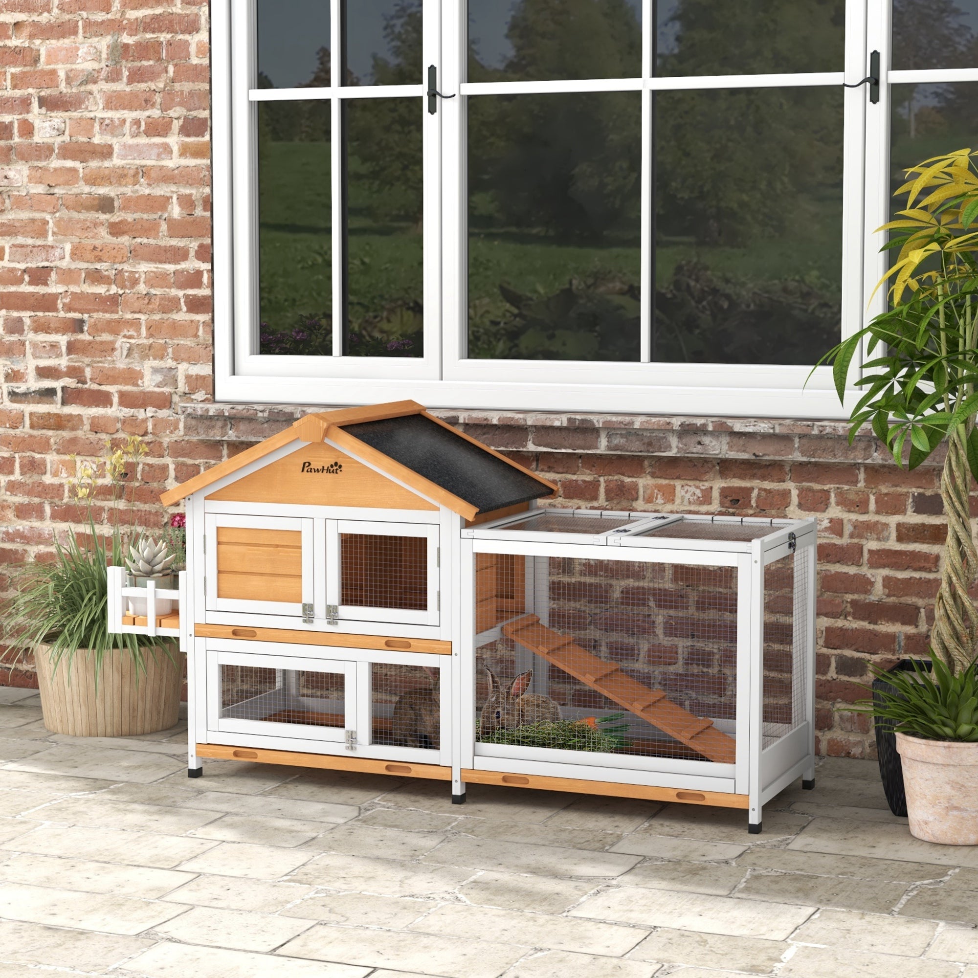 65" Wooden Rabbit Hutch, Pet Playpen with Openable Roof, Bunny House Enclosure with Storage Box, Slide-out Tray, Ramp, for Rabbits and Small Animals, Yellow