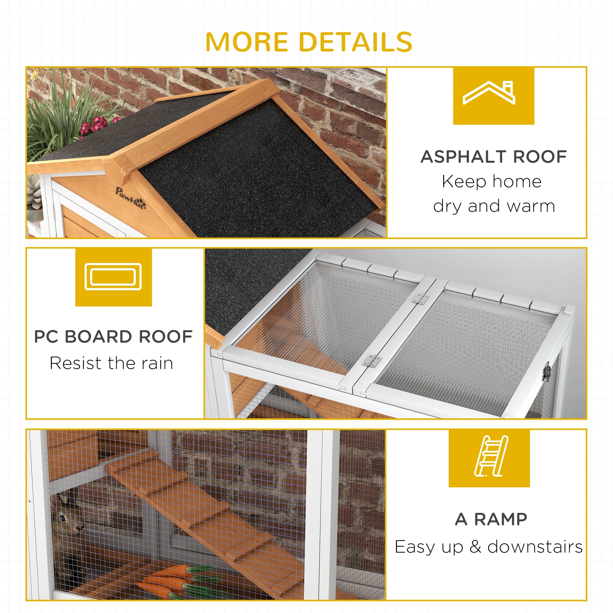 65" Wooden Rabbit Hutch, Pet Playpen with Openable Roof, Bunny House Enclosure with Storage Box, Slide-out Tray, Ramp, for Rabbits and Small Animals, Yellow