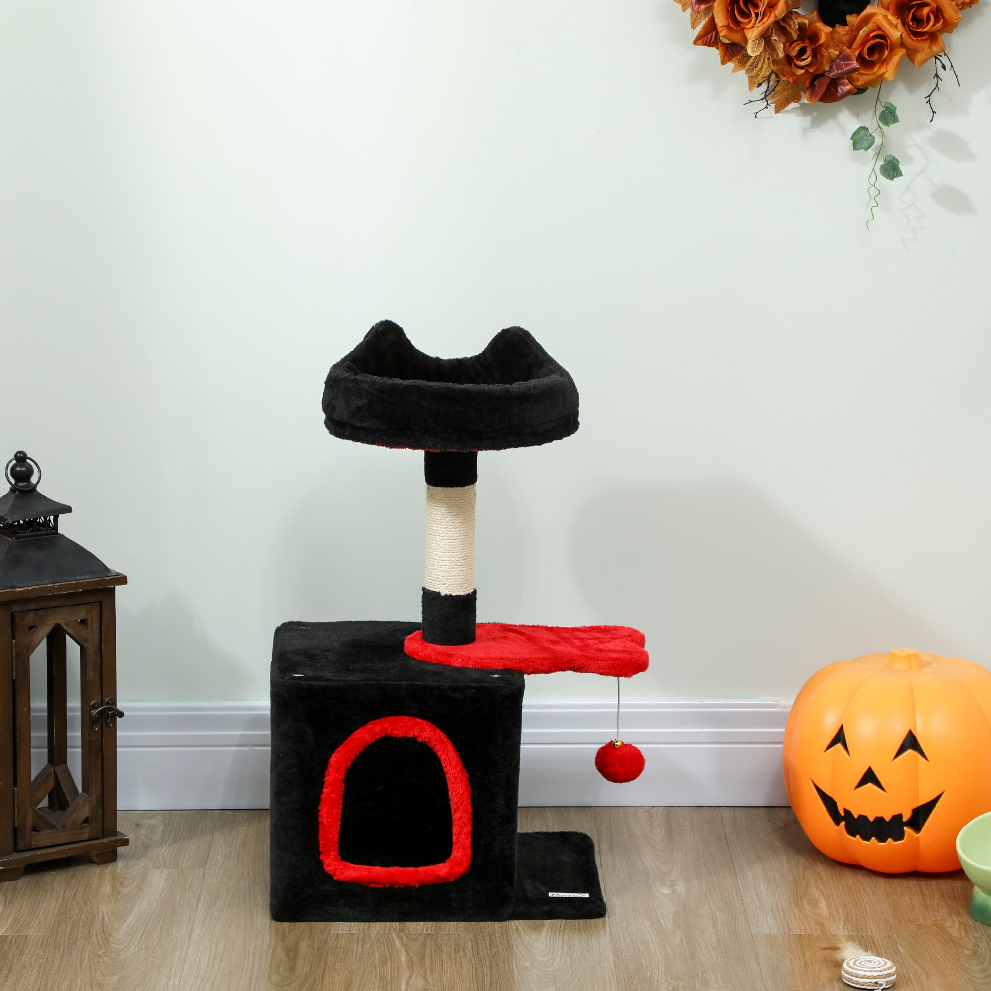 Gothic Cat Tree, 28" Cat Tower for Indoor Kittens with Plush Top Bed, Cozy Condo, Sisal Scratching Post, Perch, Dangling Ball, Red and Black