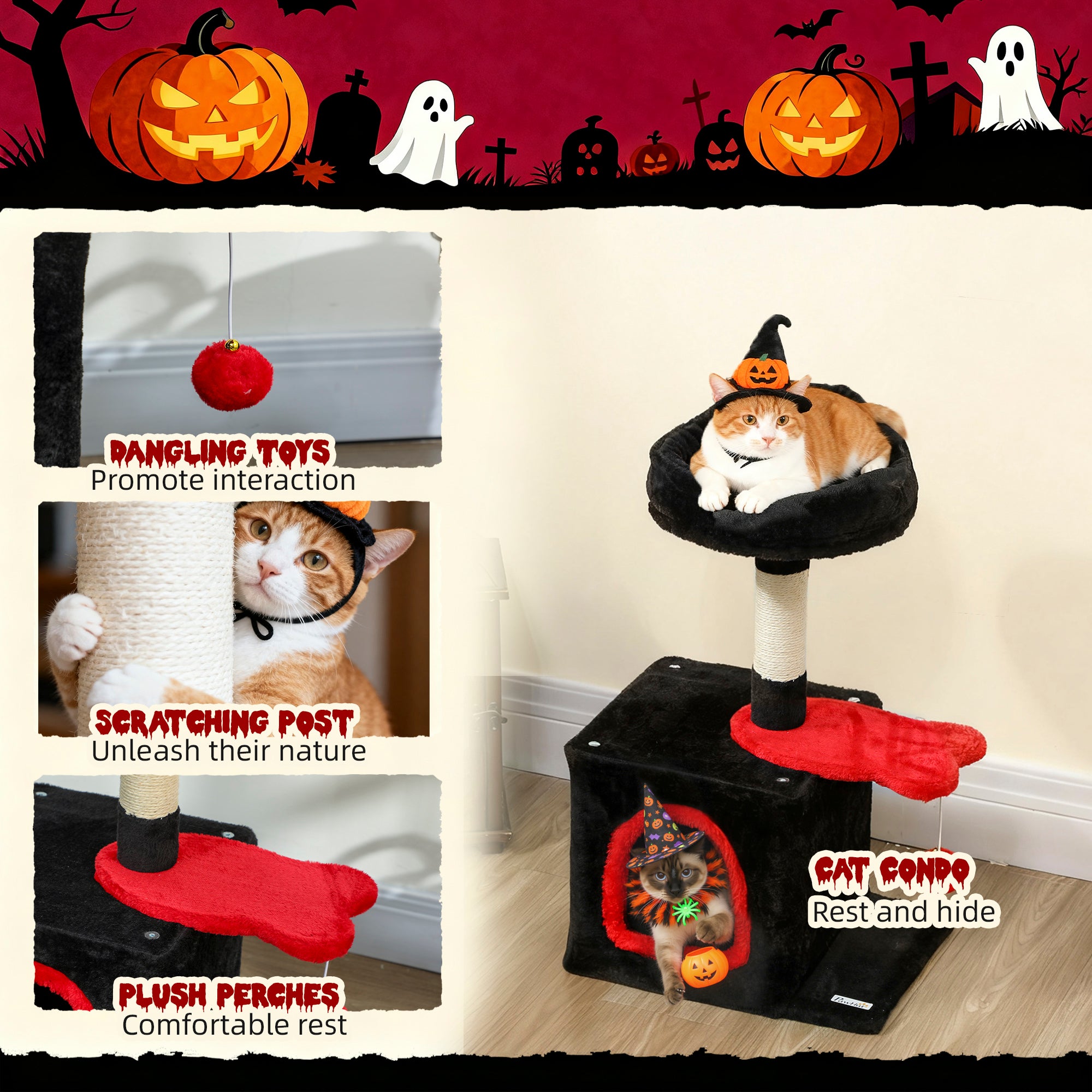 Gothic Cat Tree, 28" Cat Tower for Indoor Kittens with Plush Top Bed, Cozy Condo, Sisal Scratching Post, Perch, Dangling Ball, Red and Black