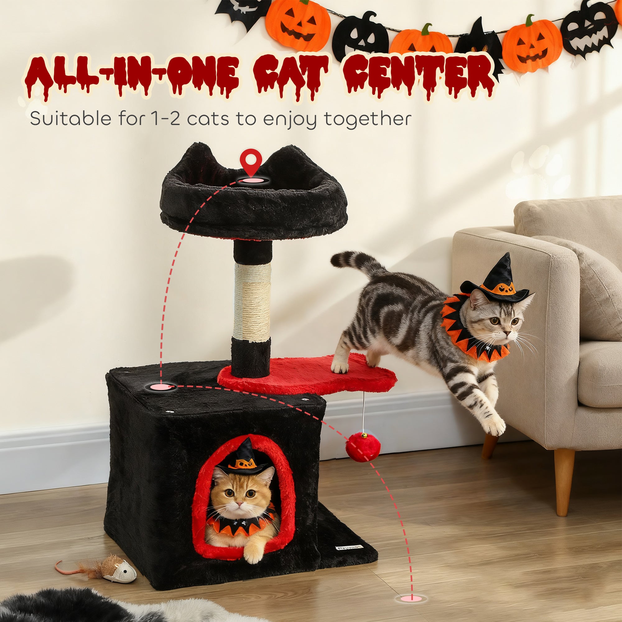 Gothic Cat Tree, 28" Cat Tower for Indoor Kittens with Plush Top Bed, Cozy Condo, Sisal Scratching Post, Perch, Dangling Ball, Red and Black