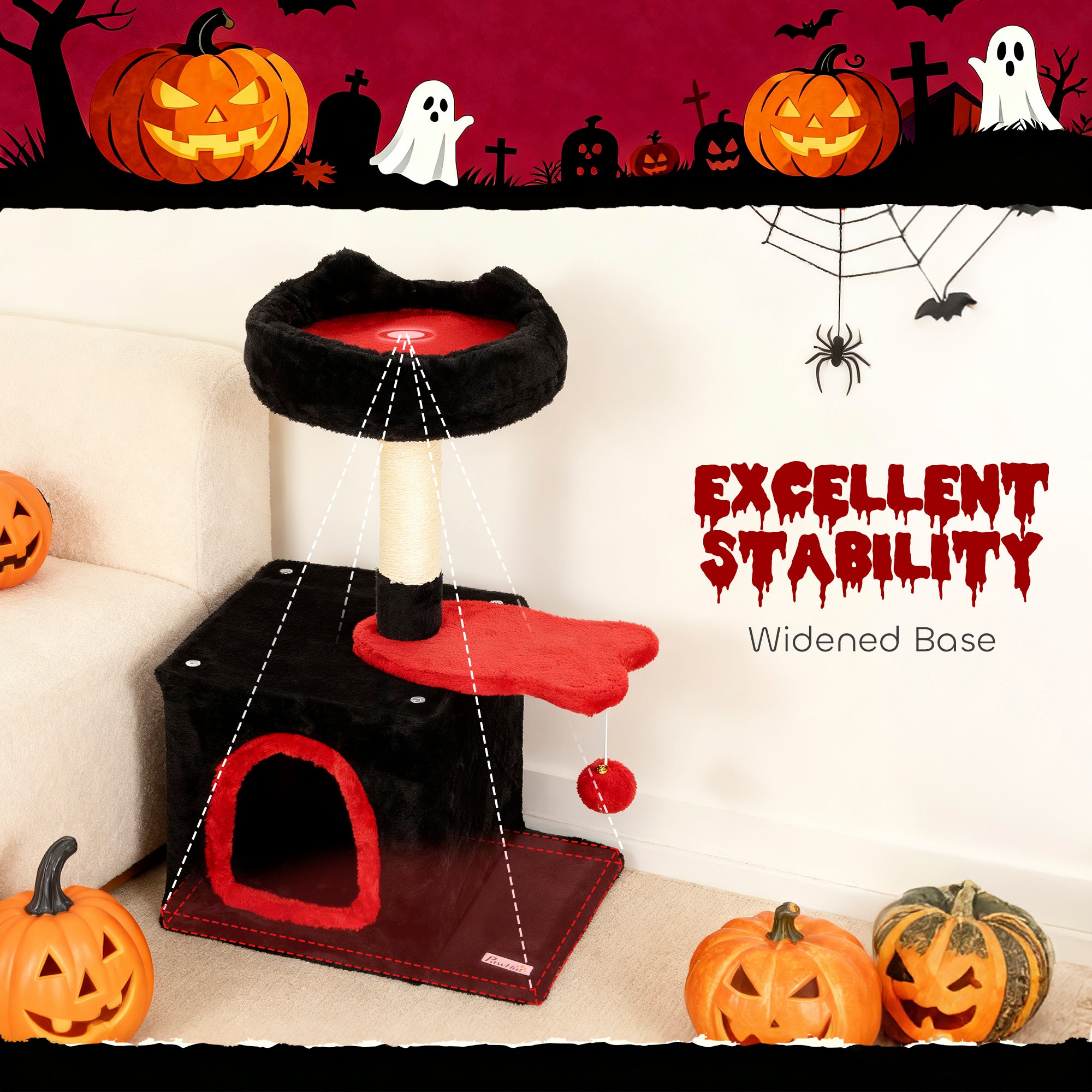 Gothic Cat Tree, 28" Cat Tower for Indoor Kittens with Plush Top Bed, Cozy Condo, Sisal Scratching Post, Perch, Dangling Ball, Red and Black