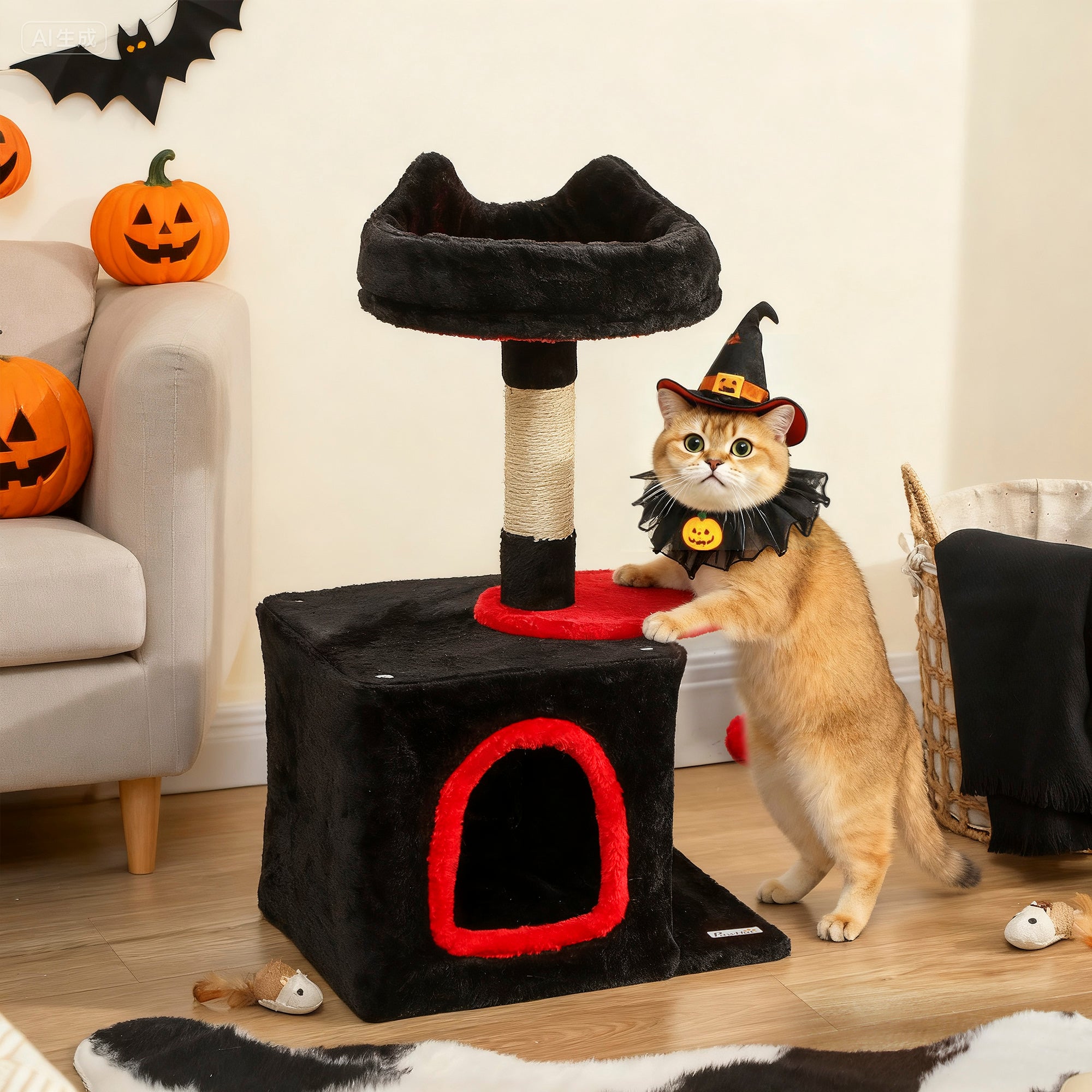 Gothic Cat Tree, 28" Cat Tower for Indoor Kittens with Plush Top Bed, Cozy Condo, Sisal Scratching Post, Perch, Dangling Ball, Red and Black