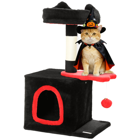 Gothic Cat Tree, 28" Cat Tower for Indoor Kittens with Plush Top Bed, Cozy Condo, Sisal Scratching Post, Perch, Dangling Ball, Red and Black