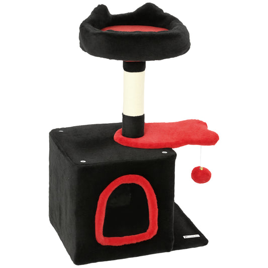 Gothic Cat Tree, 28" Cat Tower for Indoor Kittens with Plush Top Bed, Cozy Condo, Sisal Scratching Post, Perch, Dangling Ball, Red and Black