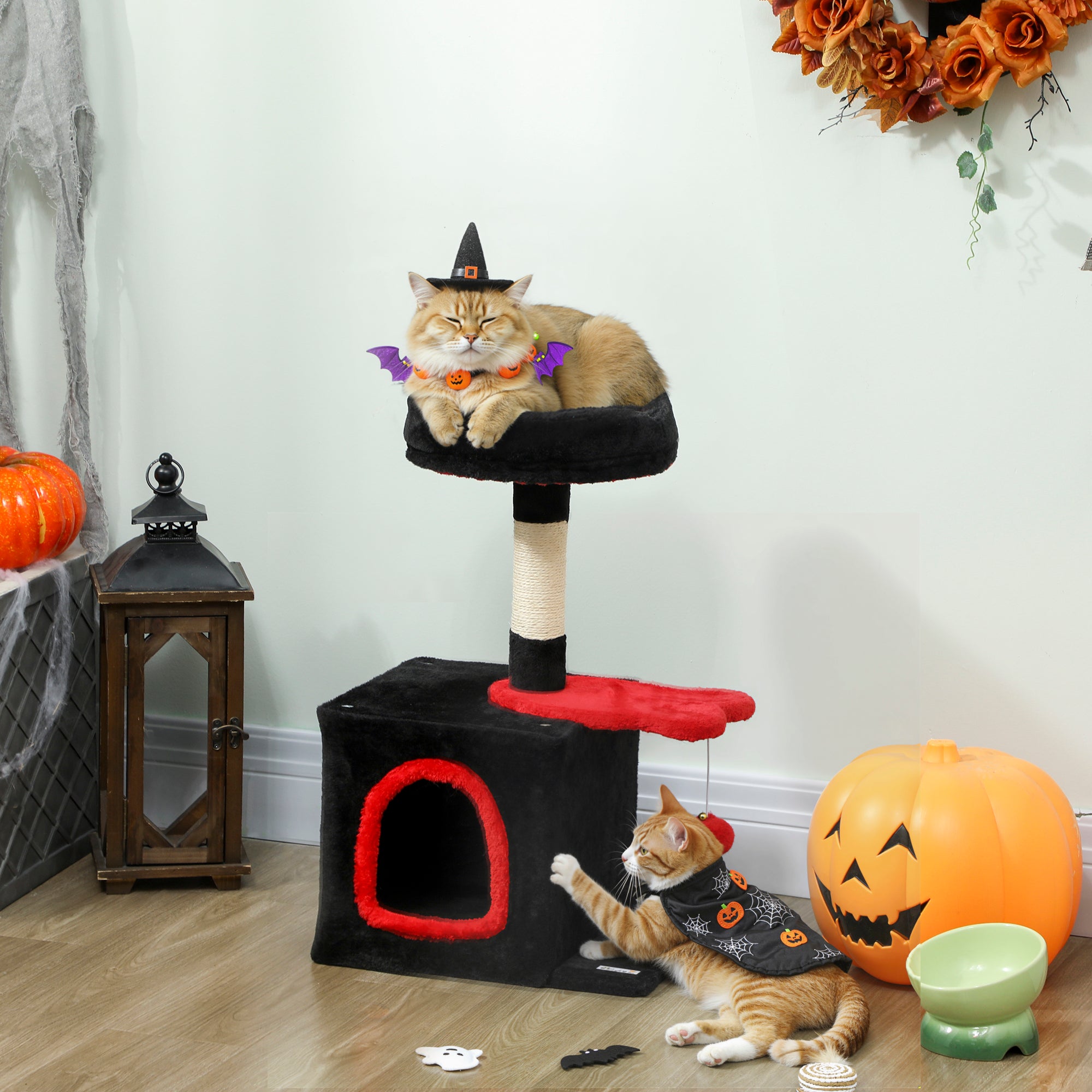 Gothic Cat Tree, 28" Cat Tower for Indoor Kittens with Plush Top Bed, Cozy Condo, Sisal Scratching Post, Perch, Dangling Ball, Red and Black