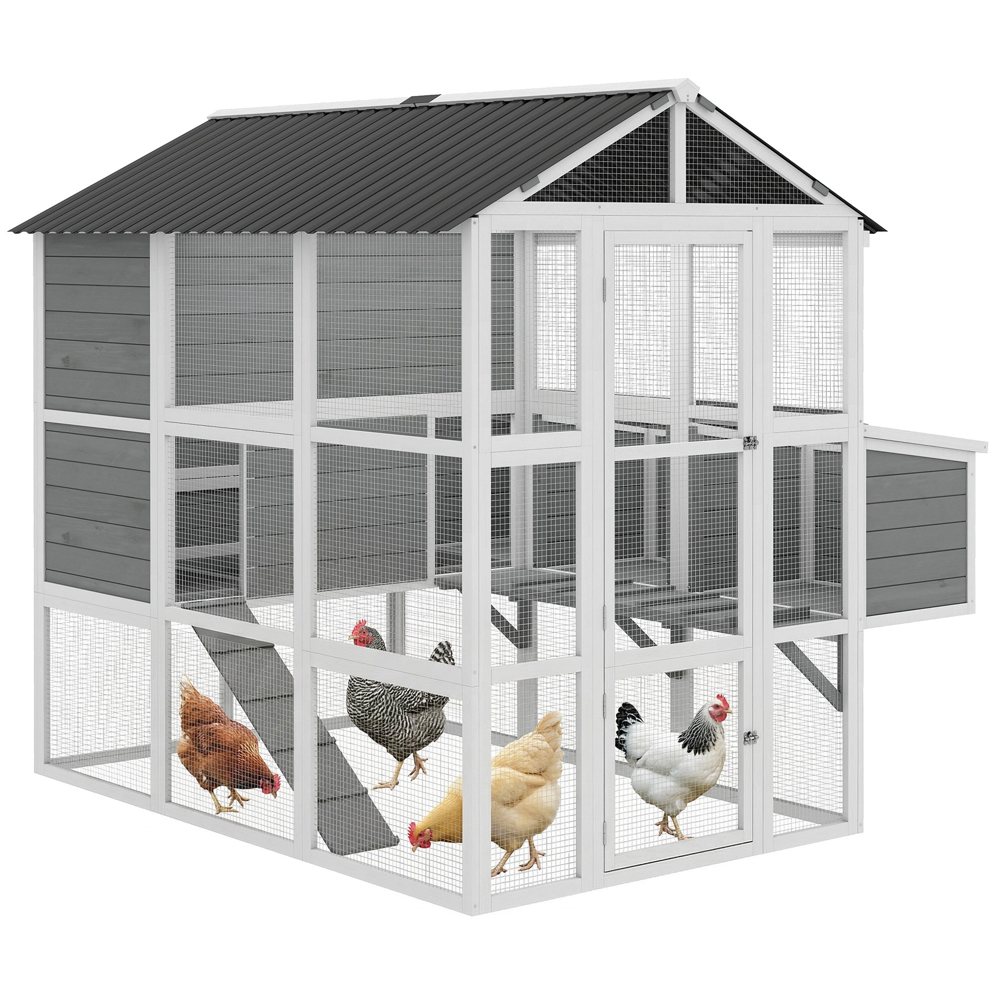 77" Large Chicken Coop for 6-8 Chickens, Outdoor Wooden Hen House Poultry Cage with Run, 3 Nesting Boxes, Waterproof Roof, Removable Tray, Ramp for Farm Backyard, Gray