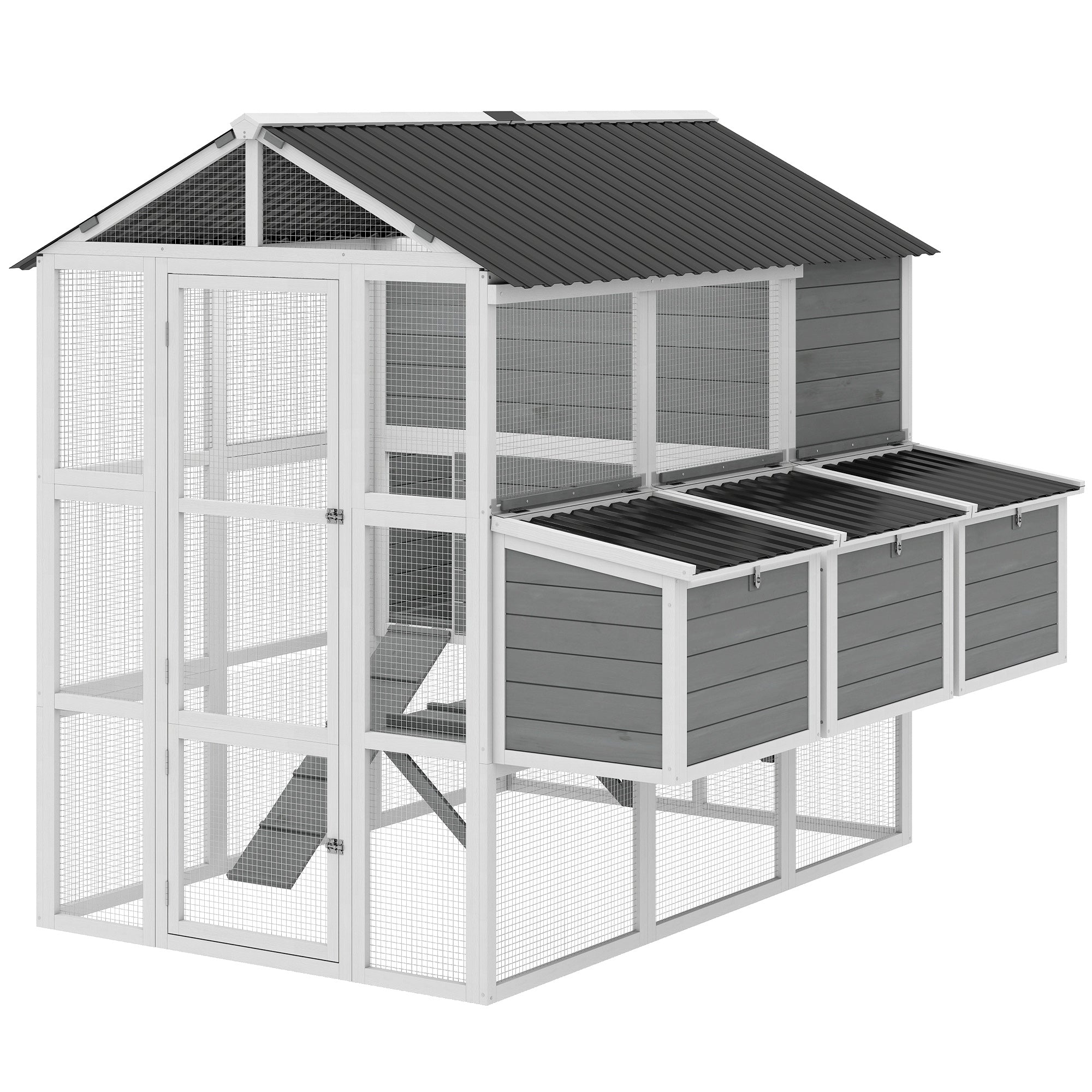 77" Large Chicken Coop for 6-8 Chickens, Outdoor Wooden Hen House Poultry Cage with Run, 3 Nesting Boxes, Waterproof Roof, Removable Tray, Ramp for Farm Backyard, Gray
