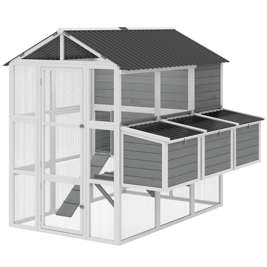 77" Large Chicken Coop for 6-8 Chickens, Outdoor Wooden Hen House Poultry Cage with Run, 3 Nesting Boxes, Waterproof Roof, Removable Tray, Ramp for Farm Backyard, Gray