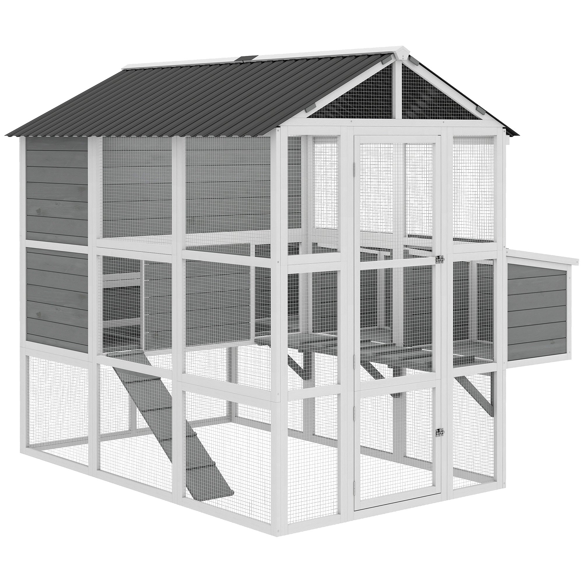 77" Large Chicken Coop for 6-8 Chickens, Outdoor Wooden Hen House Poultry Cage with Run, 3 Nesting Boxes, Waterproof Roof, Removable Tray, Ramp for Farm Backyard, Gray