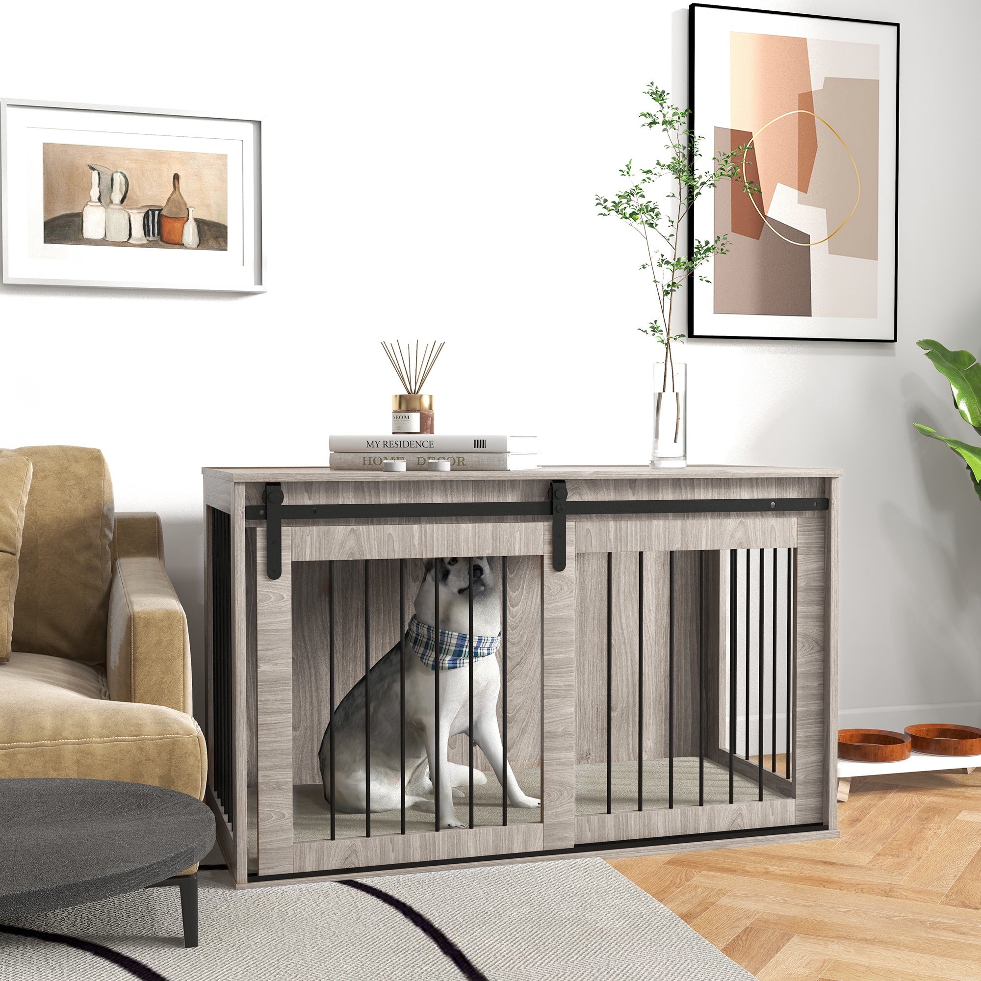 Dog Crate Furniture, Dog House Furniture Style for Extra Large Breeds, Pet Kennel with Removable Cushion for Indoor Use, 118 x 60 x 73 cm, Brown
