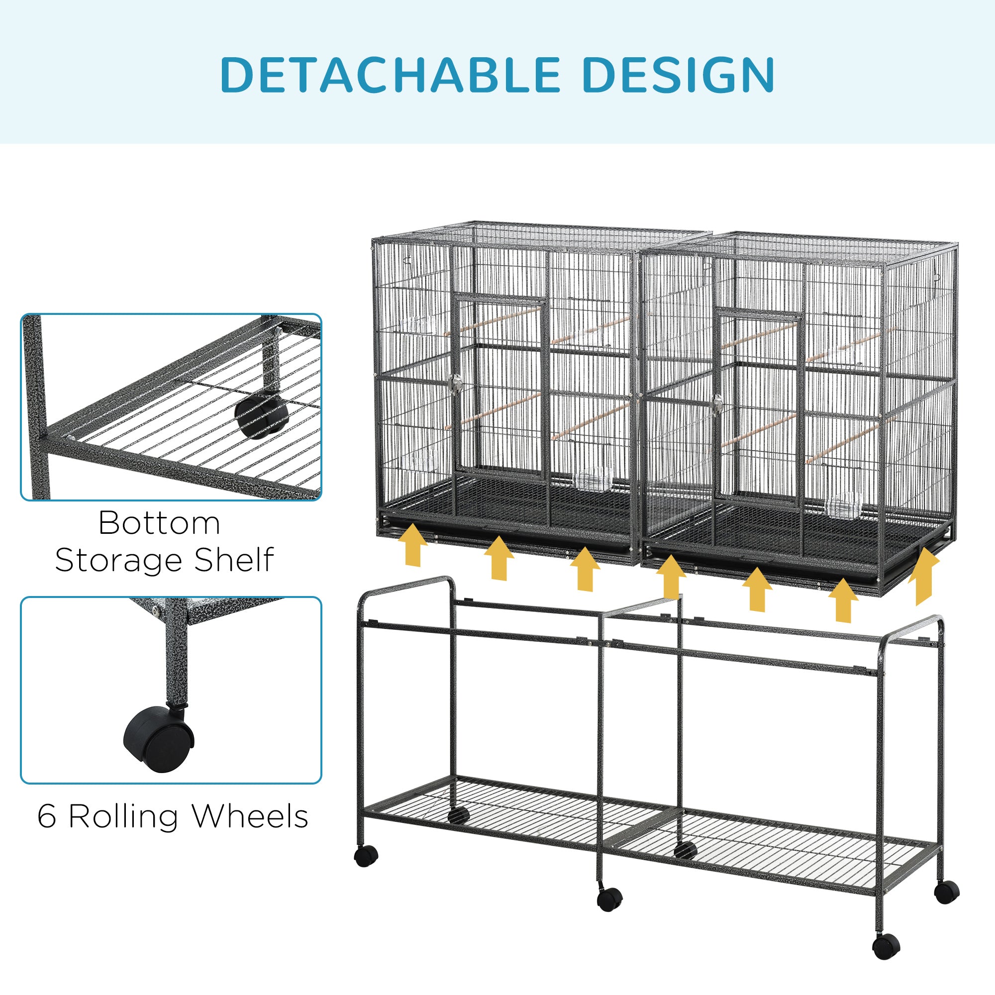 65" Double Rolling Metal Bird Cage with Divider, Large Parrot Cage for Parakeet, Canaries, Lovebirds, Budgie, Finch, with Detachable Rolling Stand, Storage Shelf, Wood Perch & Food Container