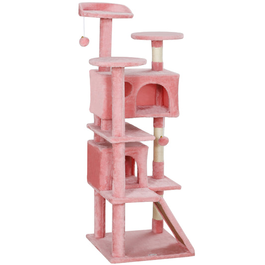 54" Cat Tree, Cat Tower for Indoor Cats with Scratching Posts, Cat Condos, Bed, Platforms, Ramp, Toy Ball, Cat Activity Center, Pink