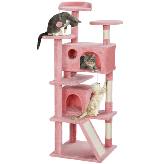 54" Cat Tree, Cat Tower for Indoor Cats with Scratching Posts, Cat Condos, Bed, Platforms, Ramp, Toy Ball, Cat Activity Center, Pink