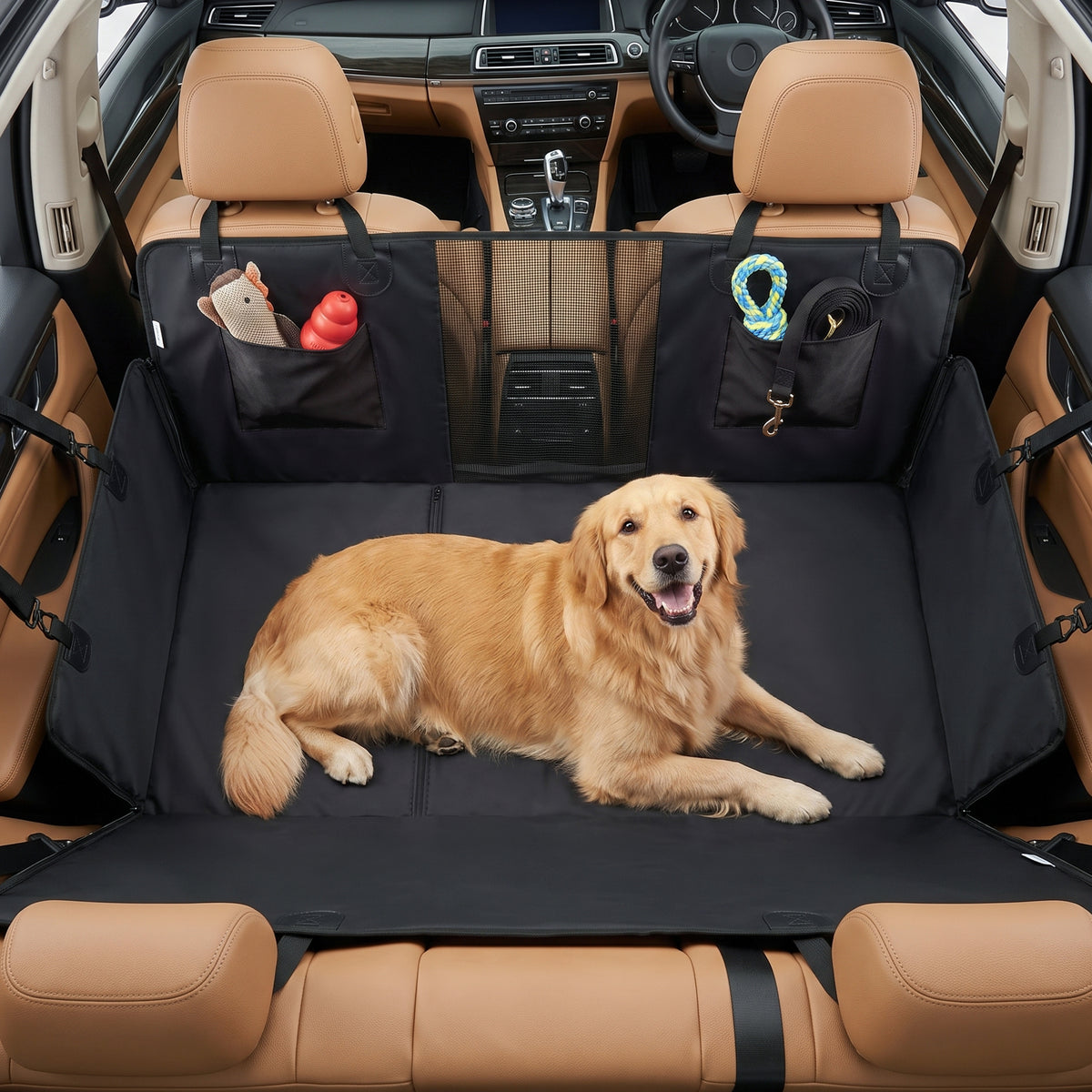 Dog Car Seat Cover for Back Seat, Hard Bottom Back Seat Extender, Waterproof Dog Hammock for Car & SUV with Non-Slip & Scratch-Resistant Surface, Mesh Window and Pockets, 58"L, Black