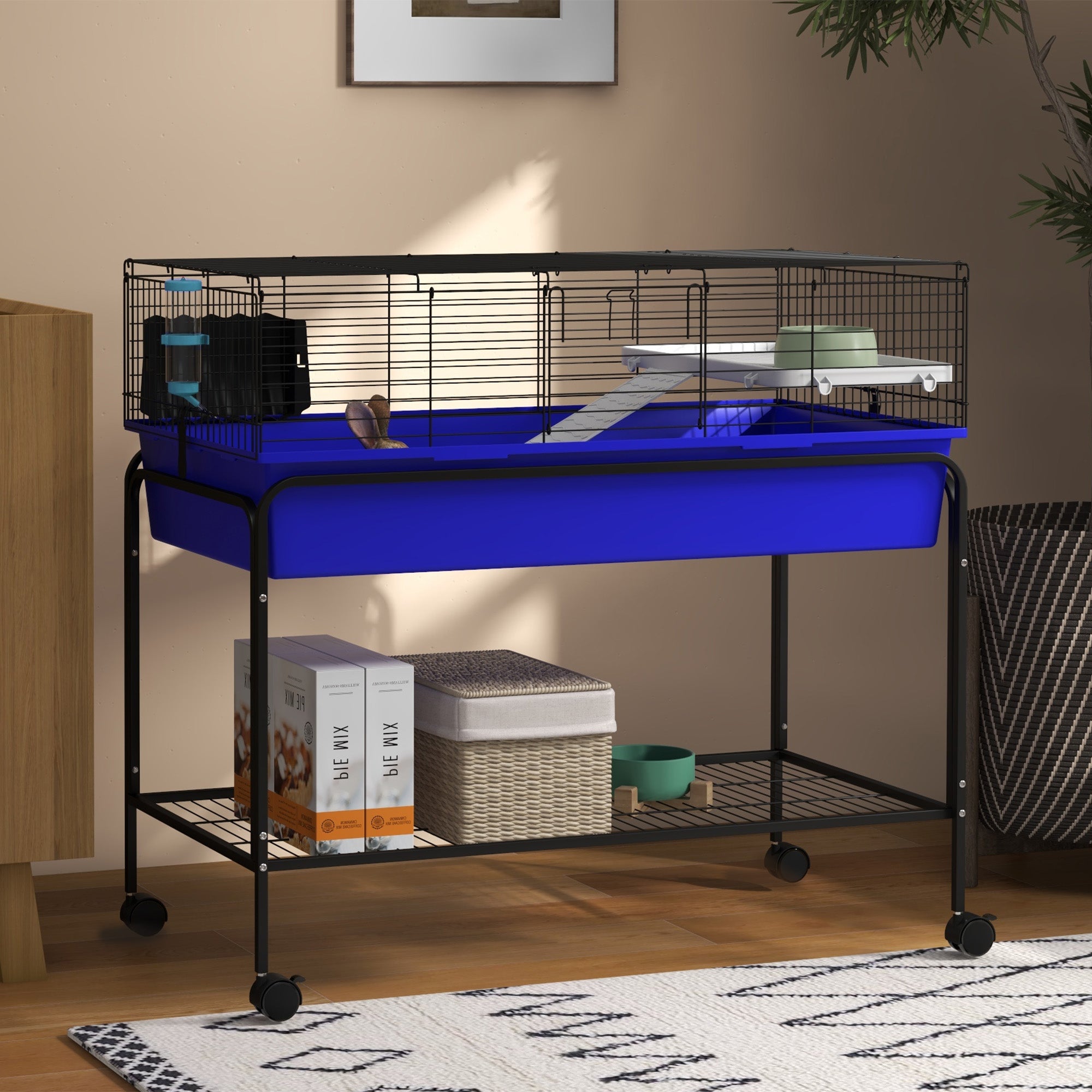 PawHut Two-Story Small Animal Cage Removable from Stand, Guinea Pig Cage, Hedgehog Cage, Chinchilla Cage, Ferret, with Shelf & Wheels, Pet Habitat, 39" x 20.5" x 36.5", Blue