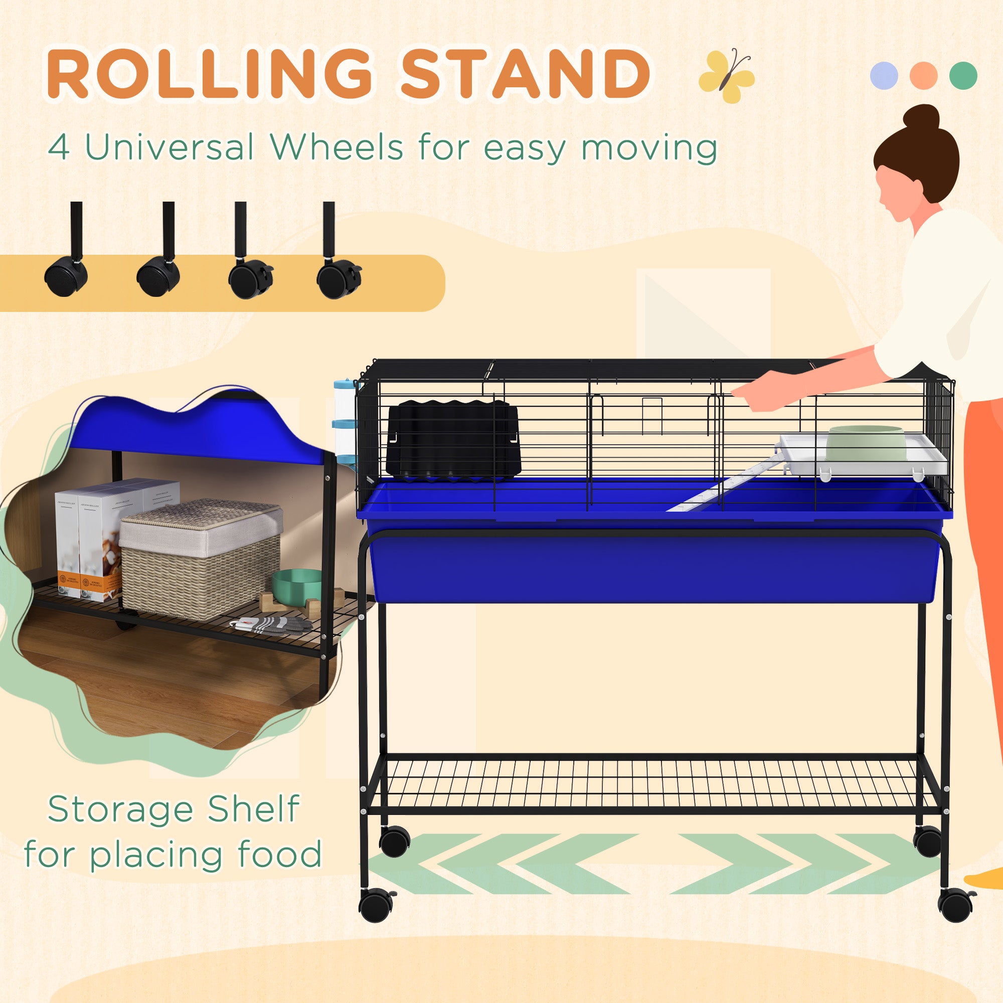 PawHut Two-Story Small Animal Cage Removable from Stand, Guinea Pig Cage, Hedgehog Cage, Chinchilla Cage, Ferret, with Shelf & Wheels, Pet Habitat, 39" x 20.5" x 36.5", Blue