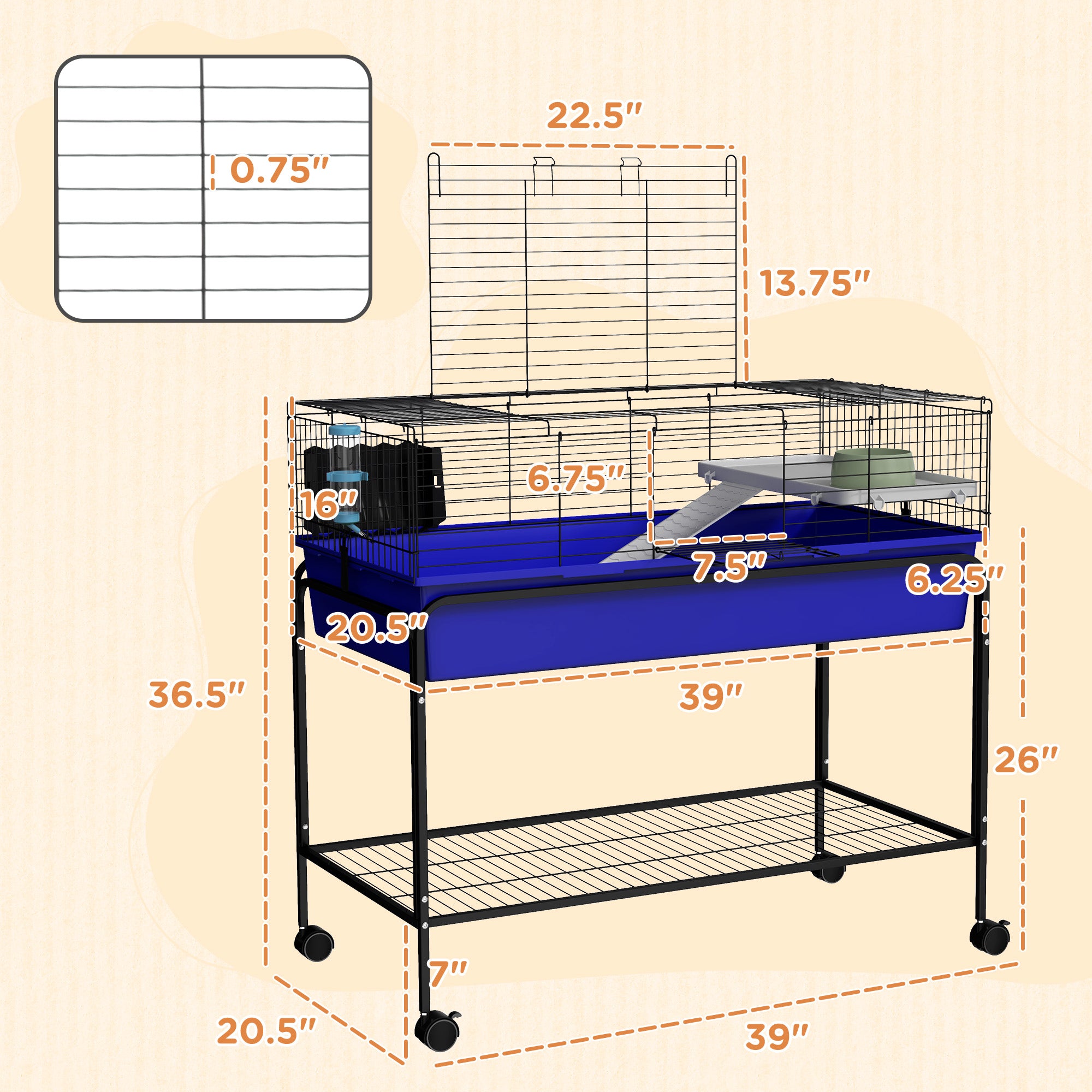 PawHut Two-Story Small Animal Cage Removable from Stand, Guinea Pig Cage, Hedgehog Cage, Chinchilla Cage, Ferret, with Shelf & Wheels, Pet Habitat, 39" x 20.5" x 36.5", Blue