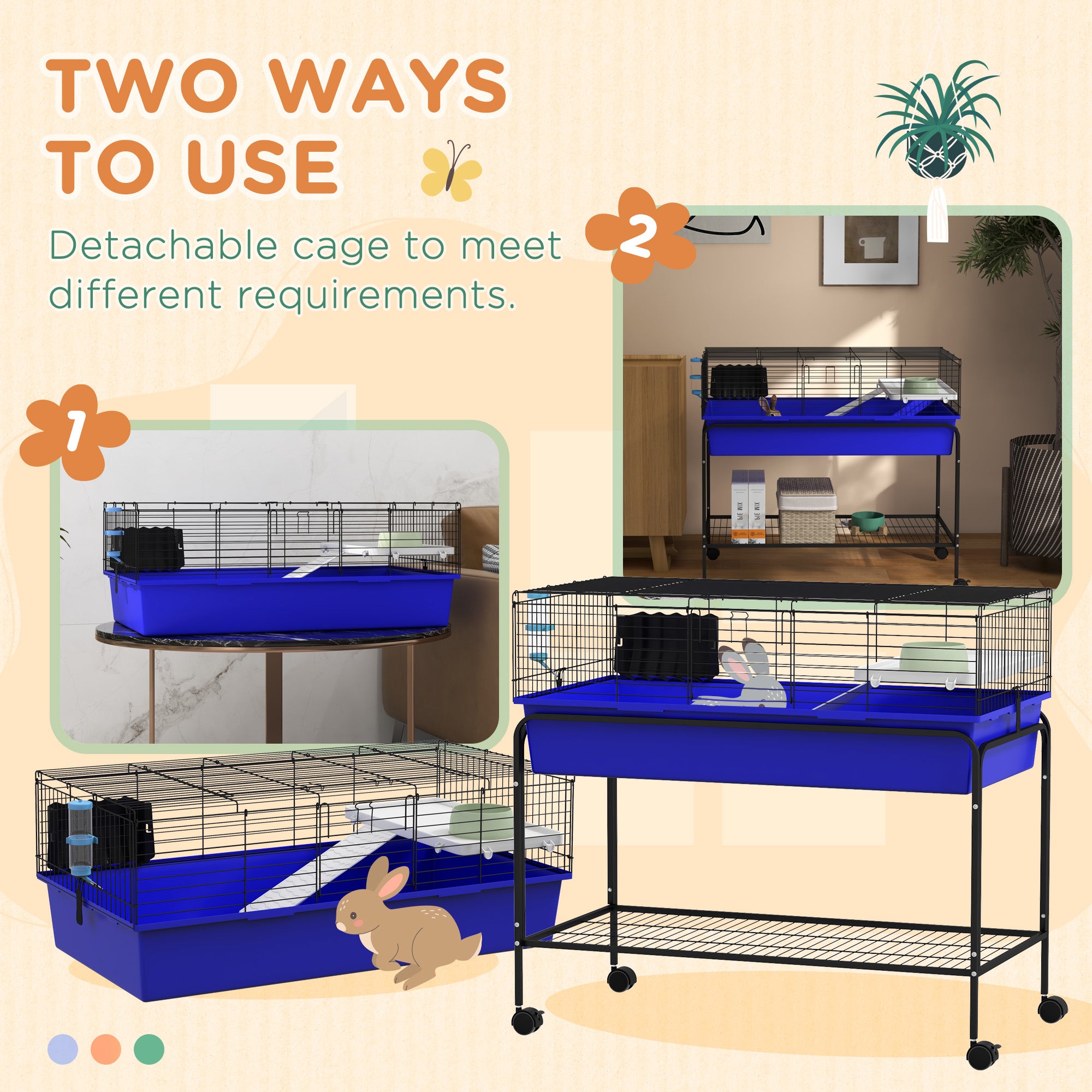 PawHut Two-Story Small Animal Cage Removable from Stand, Guinea Pig Cage, Hedgehog Cage, Chinchilla Cage, Ferret, with Shelf & Wheels, Pet Habitat, 39" x 20.5" x 36.5", Blue