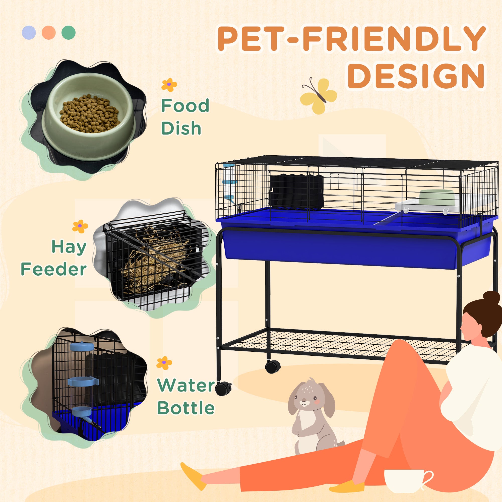 PawHut Two-Story Small Animal Cage Removable from Stand, Guinea Pig Cage, Hedgehog Cage, Chinchilla Cage, Ferret, with Shelf & Wheels, Pet Habitat, 39" x 20.5" x 36.5", Blue