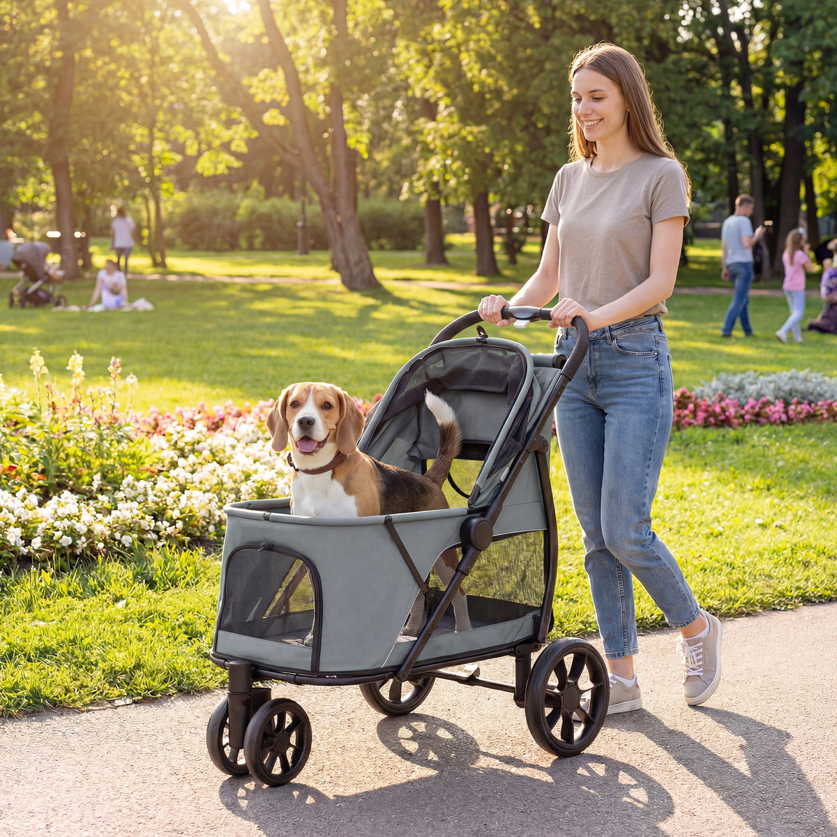 Dog Stroller, 3 Wheels Pet Stroller with Dual Entry, Easy One-Click Quick Fold, Mesh Windows, Washable Cushion, Pet Travel Buggy for Small and Medium Dogs and Cats, Grey
