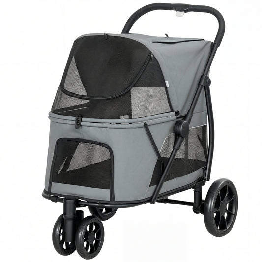 Dog Stroller, 3 Wheels Pet Stroller with Dual Entry, Easy One-Click Quick Fold, Mesh Windows, Washable Cushion, Pet Travel Buggy for Small and Medium Dogs and Cats, Grey