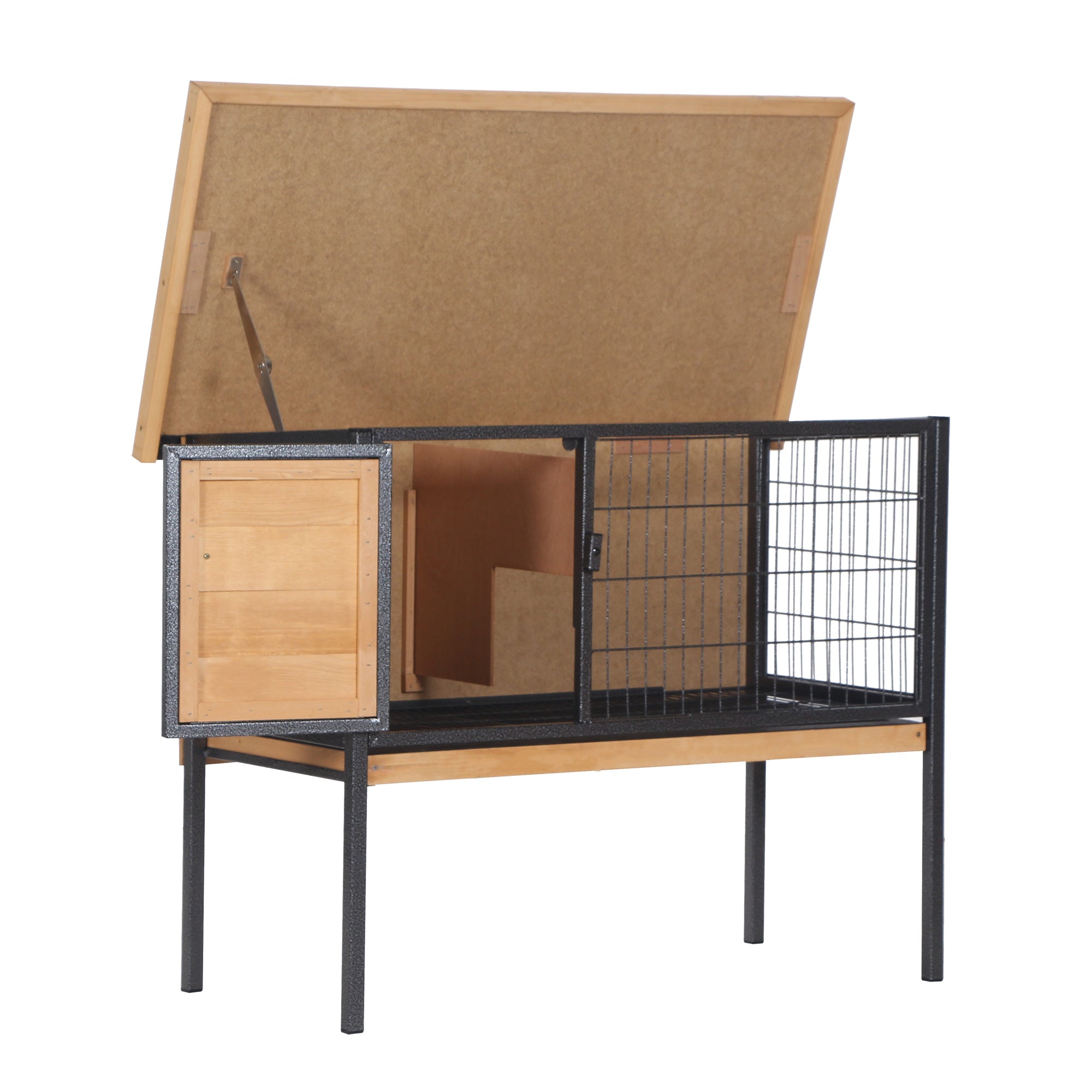 PawHut Rabbit Hutch Elevated Bunny Cage Small Animal Habitat with Metal Frame, No Leak Tray, Mtetal Wire Pan and Openable Water-Resistant Asphalt Roof for Indoor/Outdoor Natural Wood