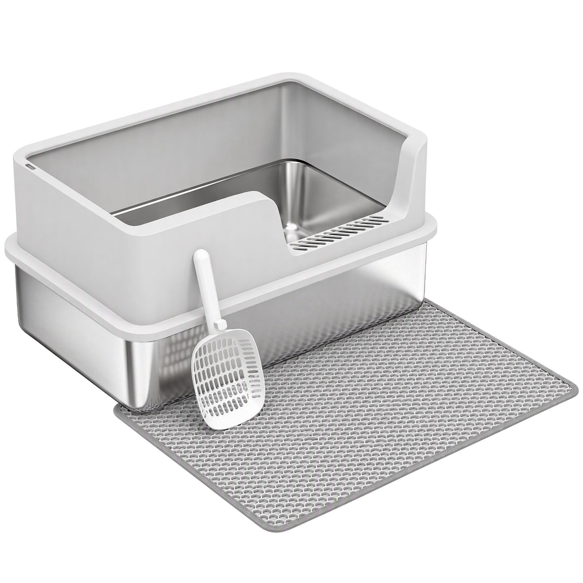 XL Stainless Steel Cat Litter Tray with Lid, High Sided Cat Litter Box with Scoop and Mat for Kittens up to 8 kg, Anti-Spillage, Odor Resistant and Easy to Clean, Light Grey
