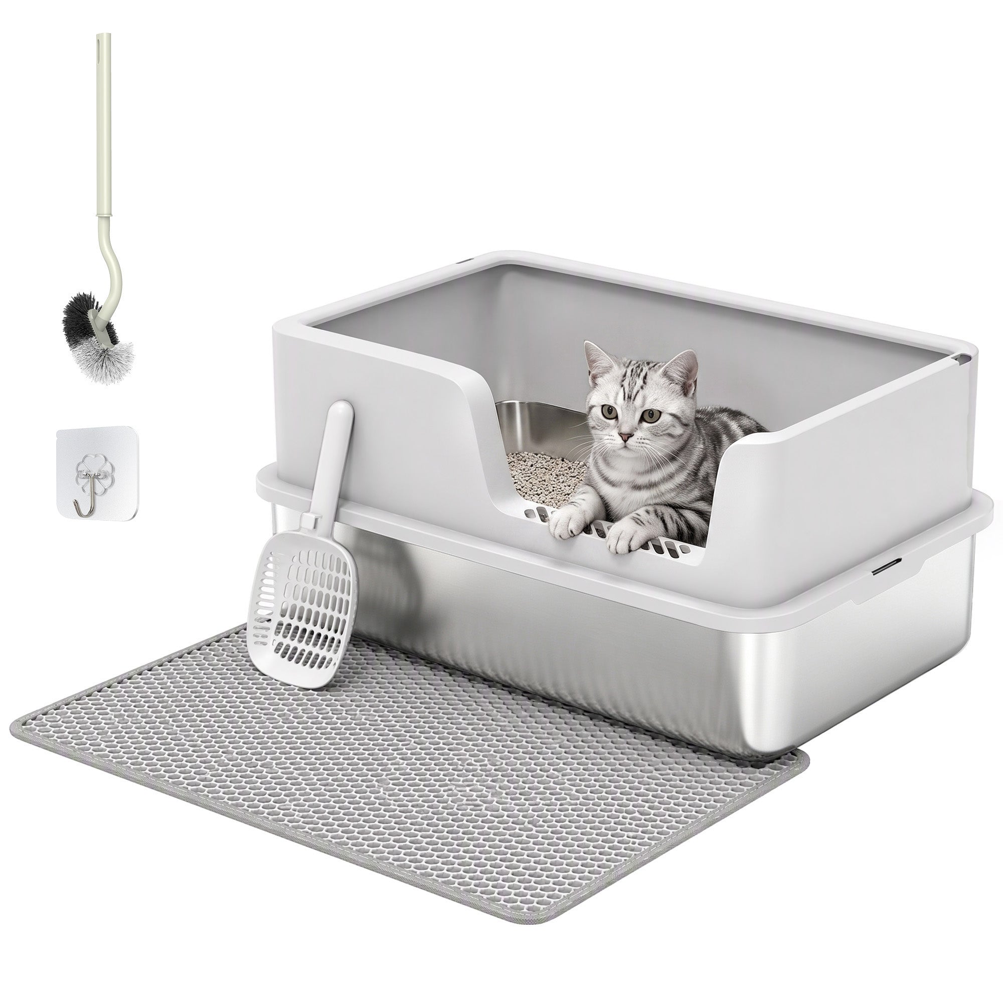 XL Stainless Steel Cat Litter Tray with Lid, High Sided Cat Litter Box with Scoop and Mat for Kittens up to 8 kg, Anti-Spillage, Odor Resistant and Easy to Clean, Light Grey